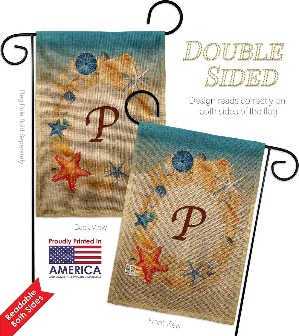 Summer P Initial Burlap Garden Flag Set Wall Holder Monogram Coastal Beach Tropical Sea Shells Ocean Sand Outdoor Coral Small Decorative Gift Yard House Banner Double-Sided Made In USA 13 X 18.5