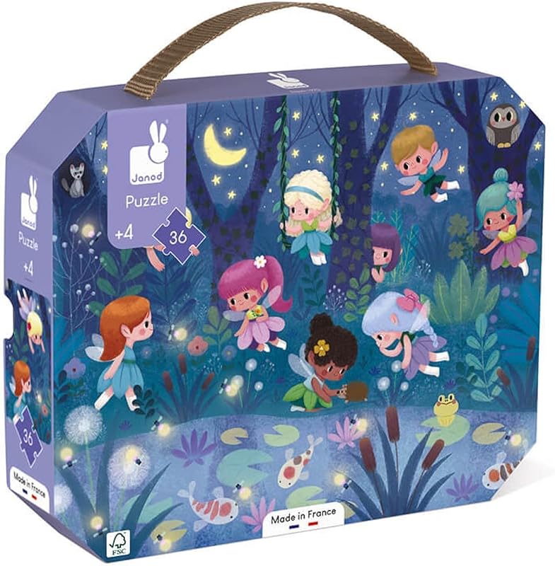 Janod - Puzzle Enfant Fées et Nénuphars 36 Pièces - Jeu Educatif Motricité Fine et Concentration - Valisette Poignée - Fabriqué en France - Certifié FSC - Encres Végétales - Dès 4 ans, J02649