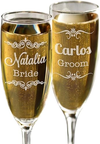 Juego de 2 copas de champán personalizadas con nombre grabado láser para bodas recién casados Juego de 2 copas de champán personalizadas con nombre grabado láser para bodas recién casados