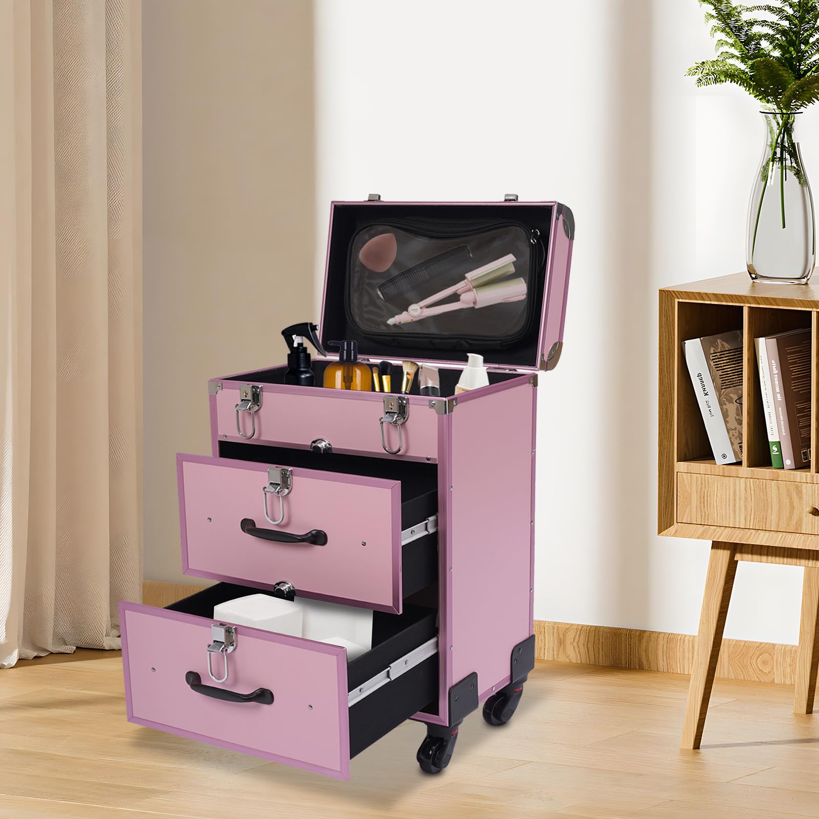Rollkoffer Kosmetikkoffer Schminkkoffer Friseurkoffer Make-up-Organizer Pink Aluminiumlegierungsrahmen Universalräder