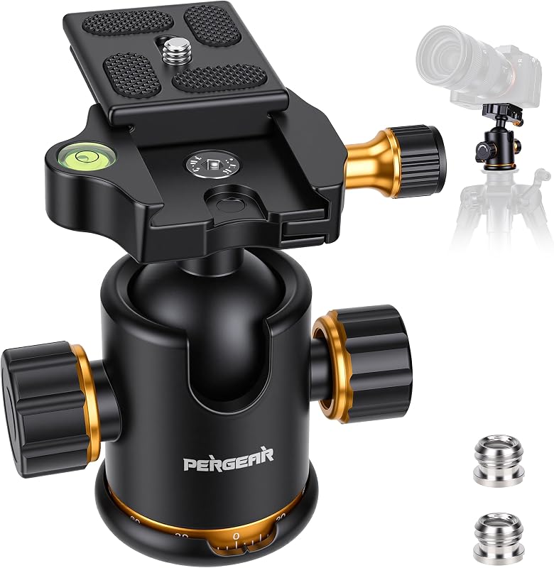 Cabezal esférico de trípode de aluminio PERGEAR de 36 mm, carga máxima de hasta 17.6lb/8kg | Rotación panorámica de 360° con nivel de burbuja de placa de liberación rápida de 1/4 para cámara DSLR, control deslizante, trípode, luz, videocámara, monópode