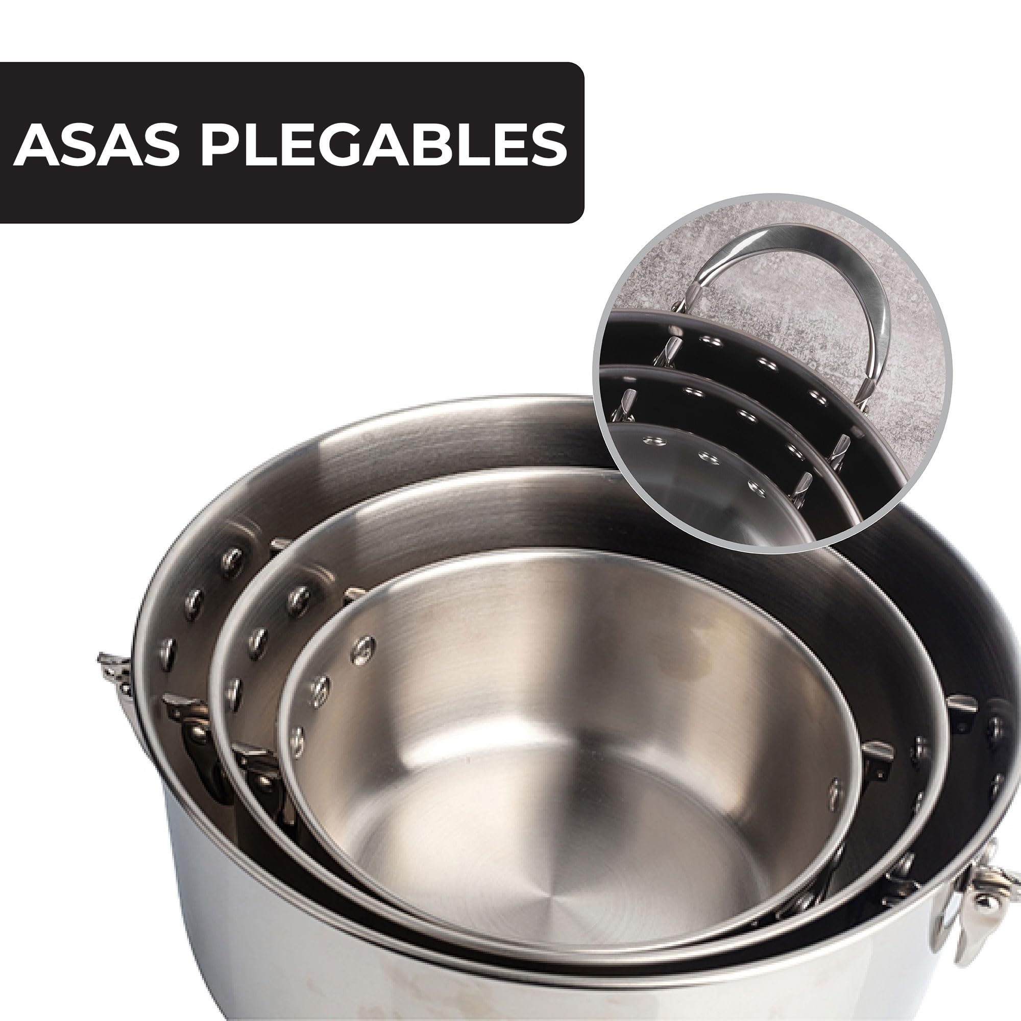 Set de batería de cocina en acero inoxidable + 3 sartenes Ø18Ø22Ø26cm en aluminio prensado + 5 boles de cristal con tapas San Ignacio