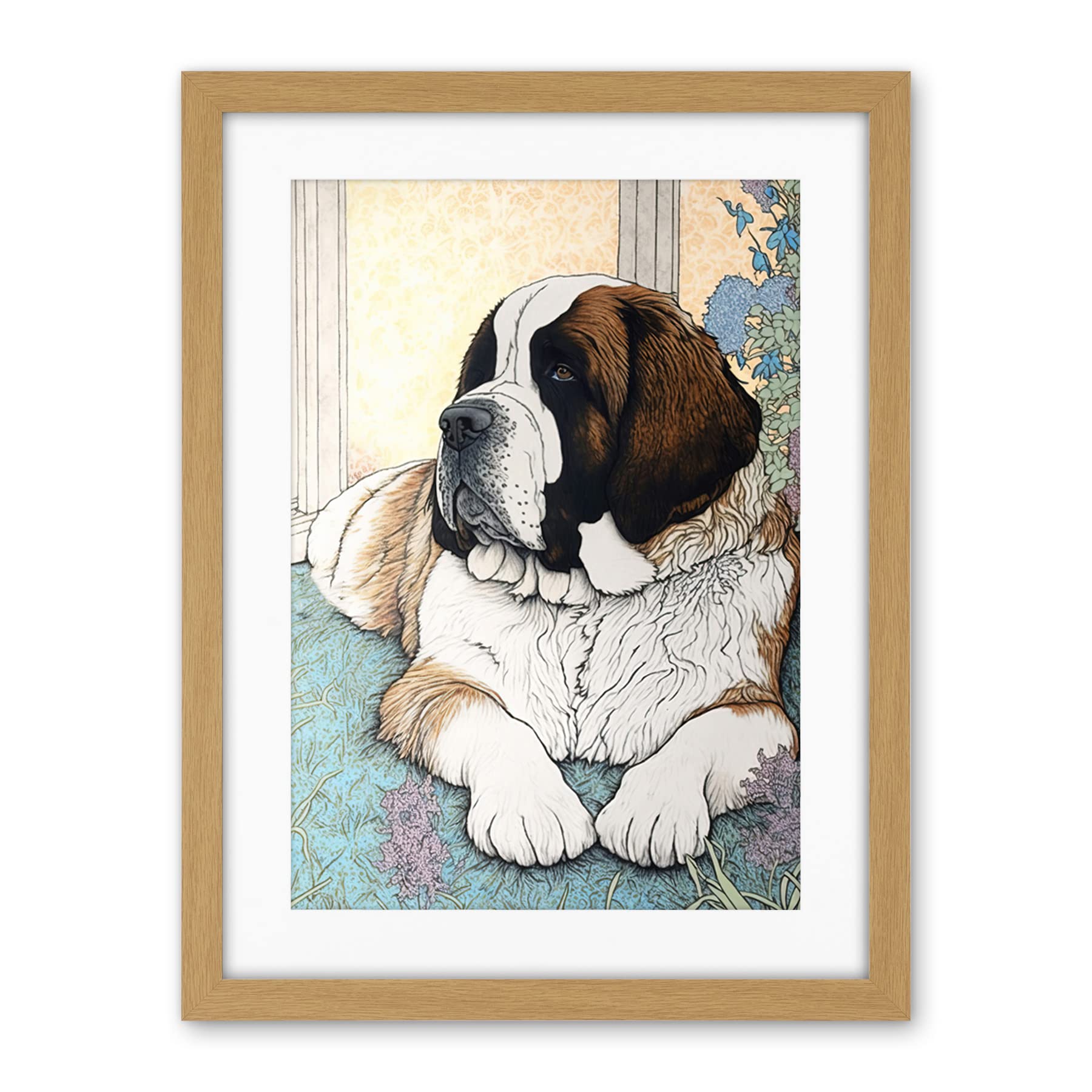 Artery8 St Bernard Dog Lying by Flower Pot Modern Bright Multicoloured Illustration Artwork Framed Wall Art Print 18X24 Inch