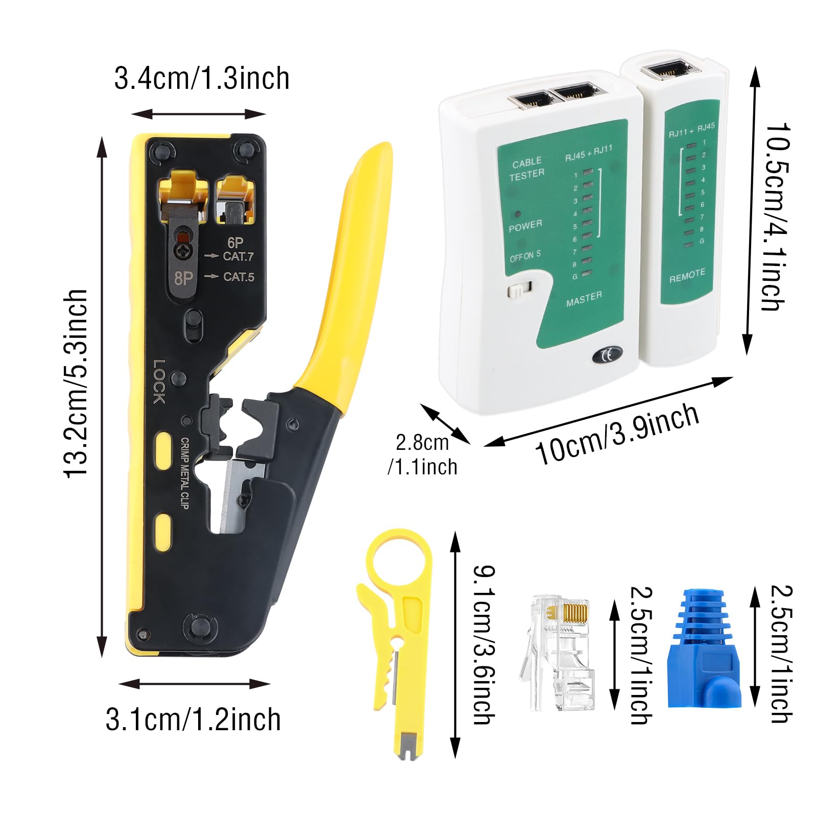 Crimpzange RJ45 Set, Netzwerk Werkzeug, Crimpwerkzeug mit 50PCS CAT6 Stecker, Schutzabdeckungen, für Netzwerkstecker CAT5/Cat5e/CAT6/CAT7