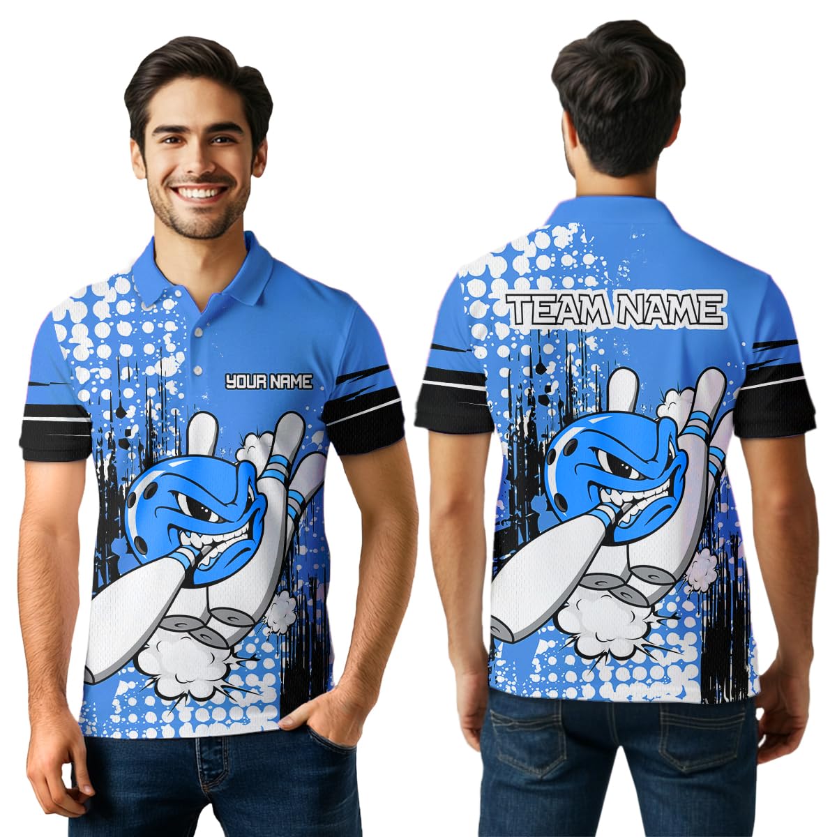 PIONAMZIOZ Personalized Multicolor Funny Crazy Bowling Shirt for Men and Women Polo & Quarter-Zip Bowling Jersey with Team (US, Alpha, Small, 5X-Large, Regular, Regular, Blue)