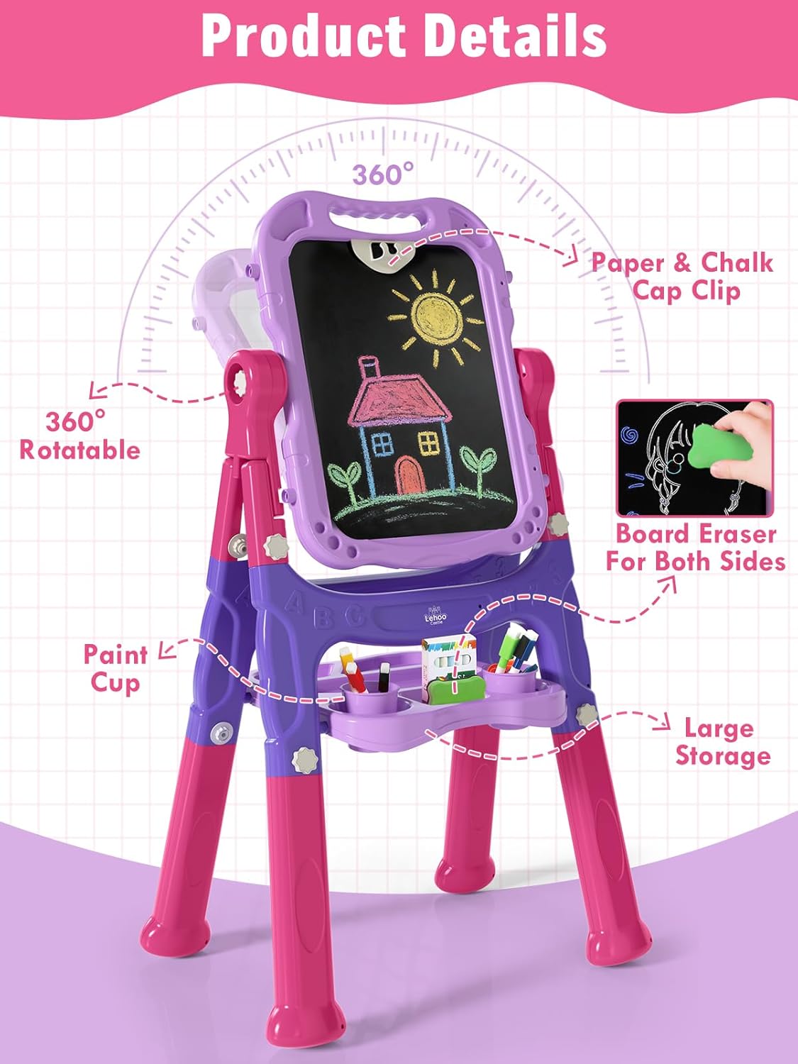 Lehoo Castle Easel for Kids, Toys for 2 Year Old Girl, Art Easel Toddler, Magnetic White Chalk Board, Gifts for 3 4 Year Old Girls 2-4 Years Old Christmas