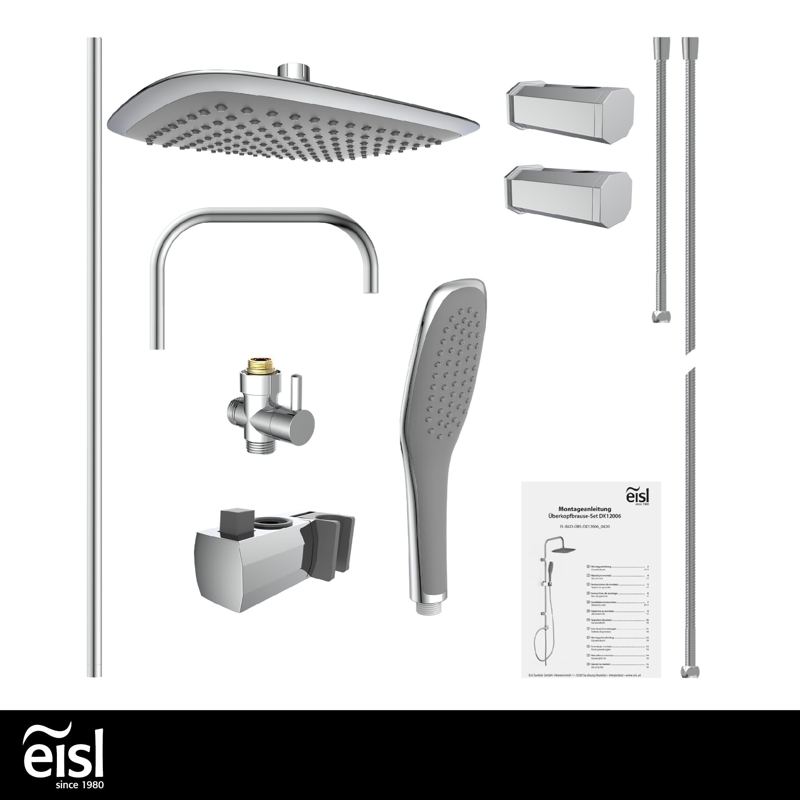 EISL Duschset EASY FRESH, Duschsystem ohne Armatur 2 in 1 mit großer Regendusche (250 x 200 mm) und Handbrause, Regendusche ohne Armatur ideal zum Nachrüsten, komplettes Montageset, Chrom DX12006