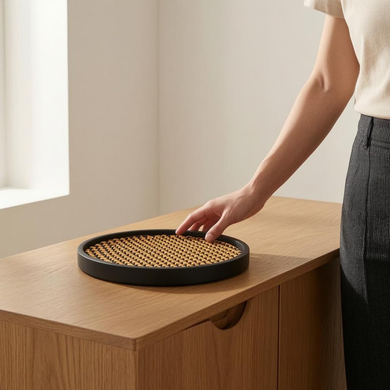 Schwarz-braunes Deko-Tablett Geflecht Dekoratives Rundtablett Modern Wohndeko für Schlafzimmer