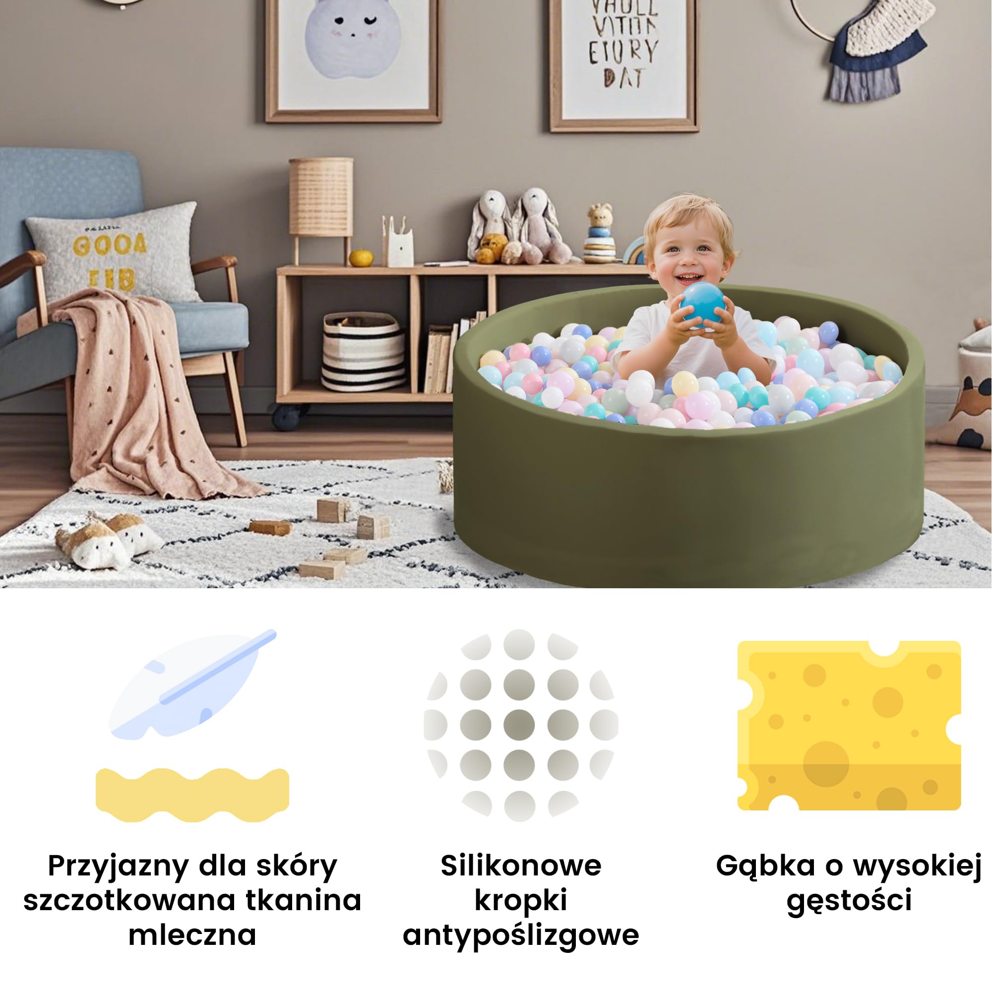 Zedachica Piscine à balles bébé 80x30 cm en Mousse, Ronde, sûre dès 1 an, pour intérieur et extérieur, Vert Sauge, sans balles