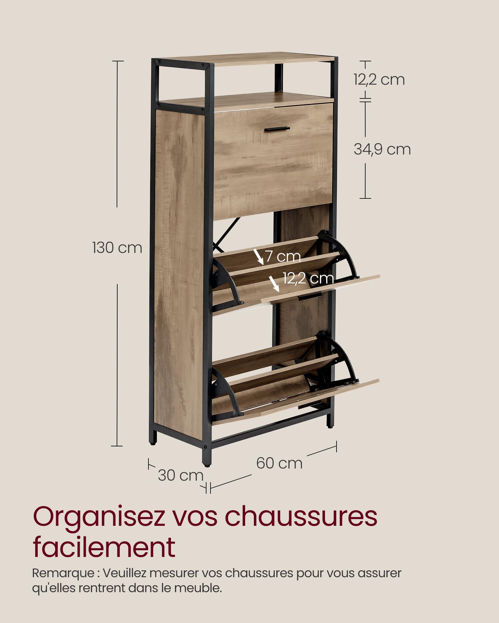 VASAGLE Meuble à Chaussures, Porte-Chaussures Fin, Meuble de Rangement à 3 Abattants, pour 12-18 Paires, Anti-poussière, 30 x 60 x 130 cm, pour Entrée, Marron Camel et Noir d'encre LBS101B01