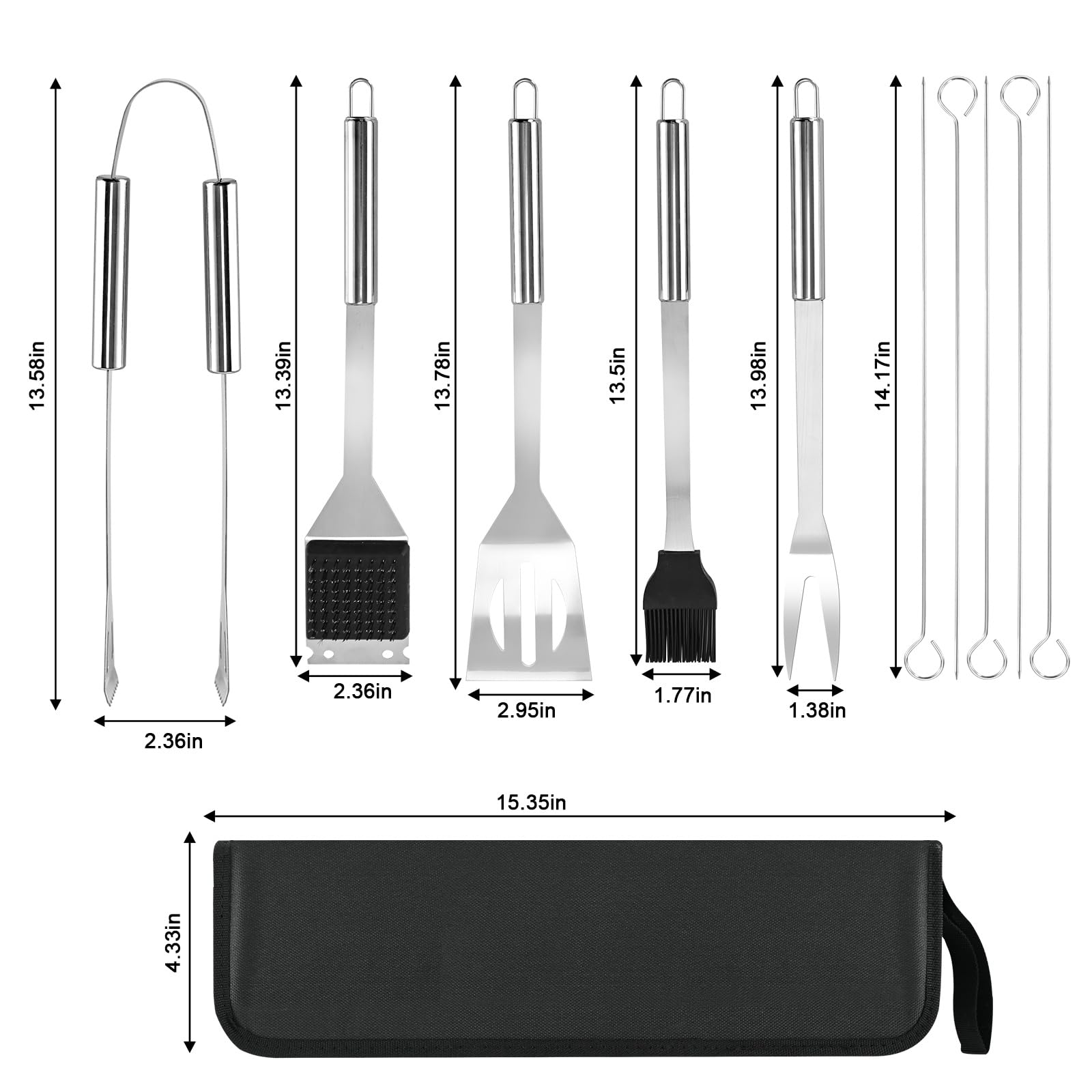 Ribber 7-Piece Stainless Steel Grill Tool Set, BBQ Accessories and Grill Tools with Grill Tongs, spatulas, Fork, Basting Brush,Cleaning Brushes, Skewers, and Case,Gifts for Men