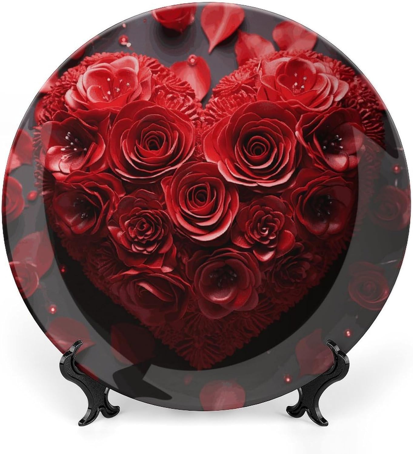 Red Rose Love Heart Ceramic Plate 10inch Decorative Bone China Wall Hanging Ornament Plates Bohemian Style Dinner Plate with Display Stand Cabinet Display Plates for Home Art Decor