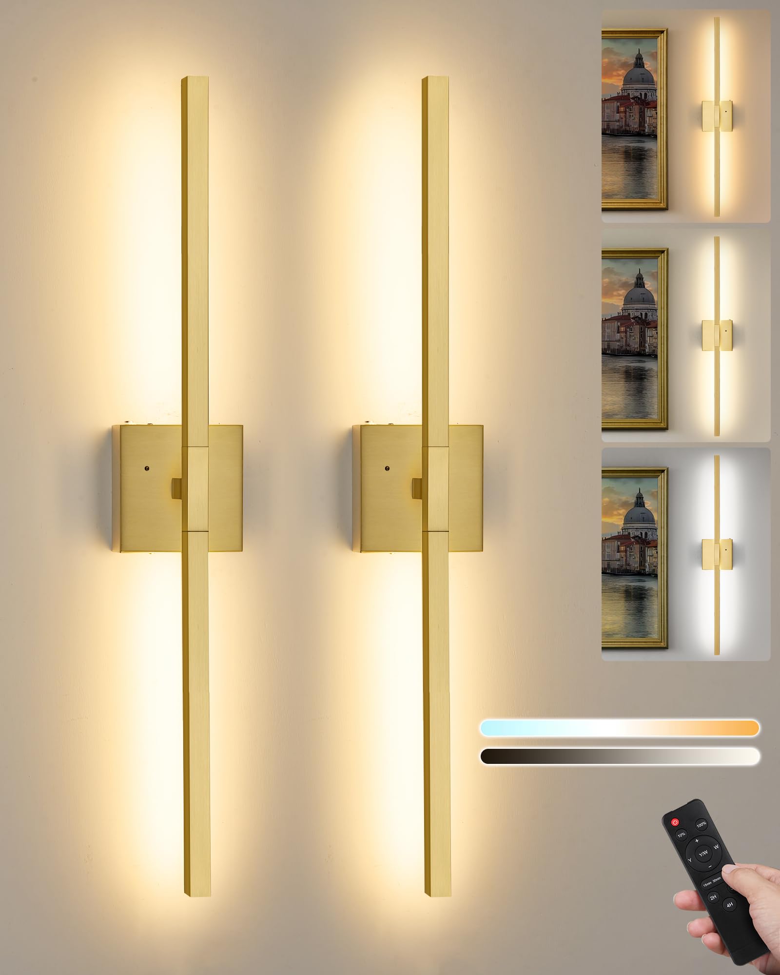32 Inch Battery Operated Wall Sconces with Remote Control, Dimmable Gold Wireless Wall Sconces Set of Two Stepless Modern Rechargeable Wall Light for Living Roon, Hallways, Bedroom (2 Pack)