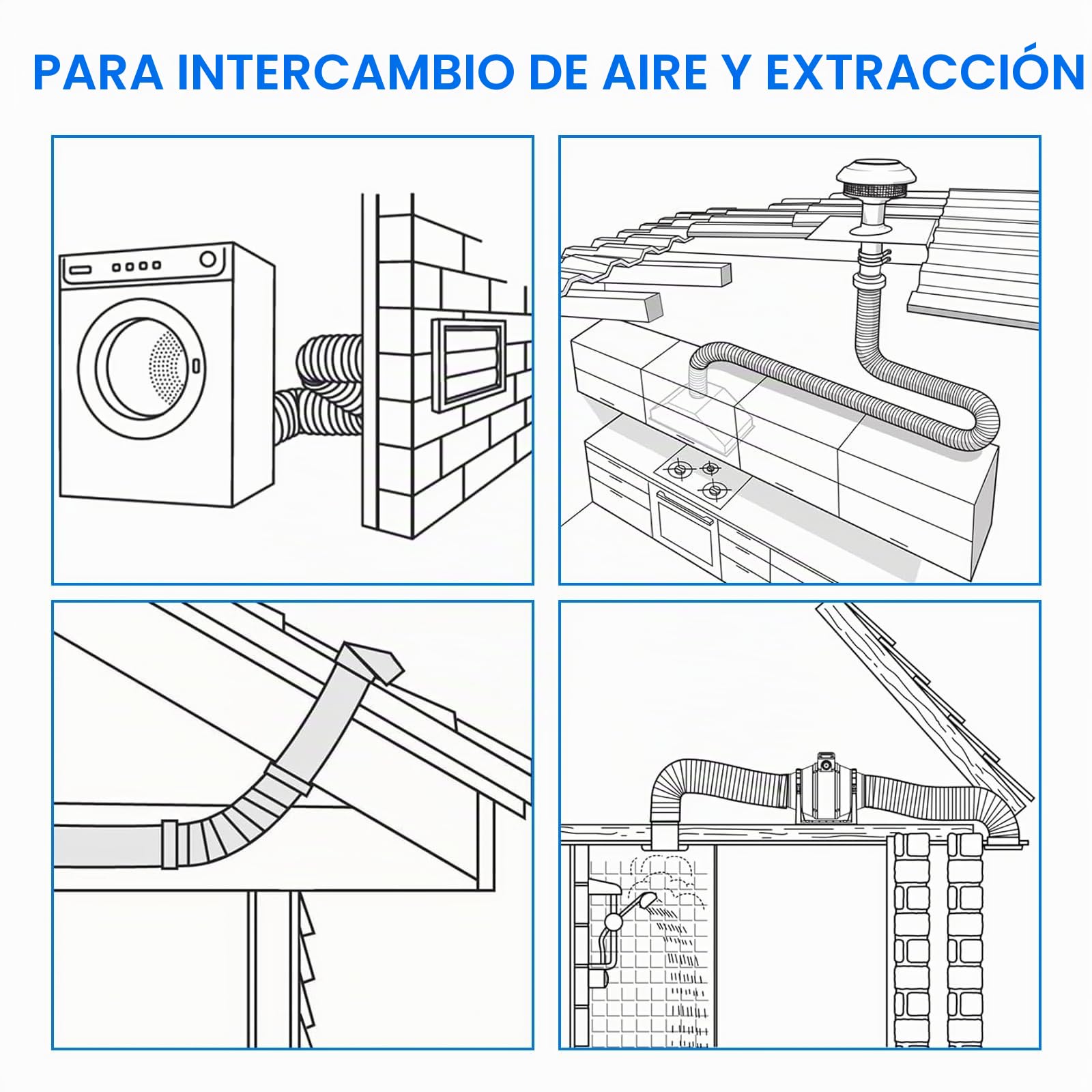 YSOOUA Tubo Flexible de Salida de Aire 5 m PVC con Abrazaderas para Extractor de Aire, Climatización, Secadora (100mm x 3m)