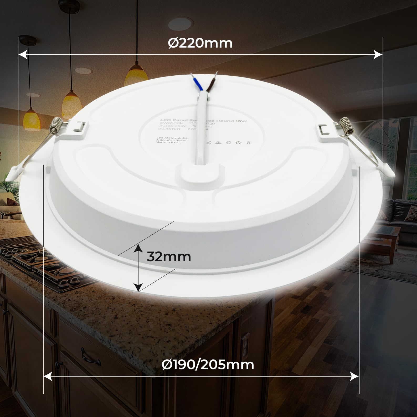 LED ATOMANT Downlight LED Panel Redondo 220mm 18W, Color Blanco Frio (6500K), Corte 190-205mm, 1650 lumenes, Driver integrado, Para Techo Cocina Baño