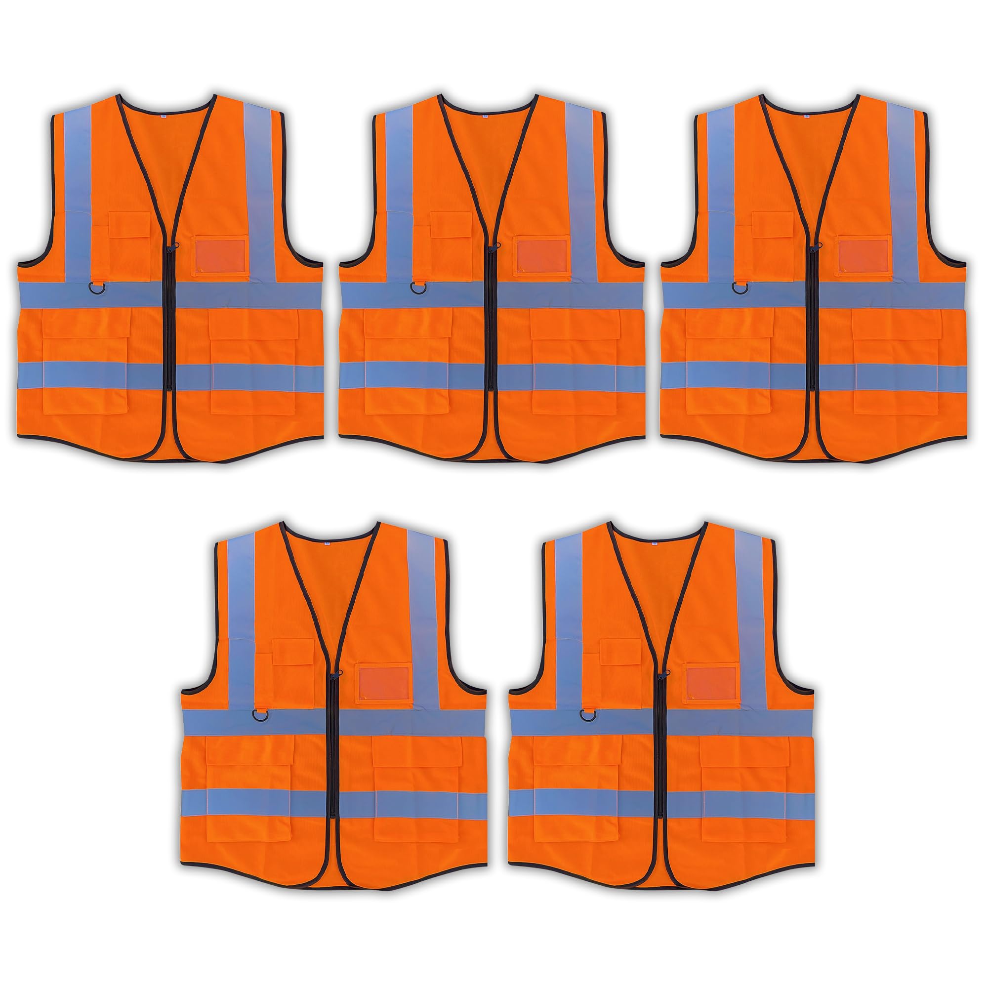 Vasego - Pack of 5 Hi-Visibility Executive Reflective Safety Vest for Men & Women with Multi pockets with zipper -Class 2 Utility High Viz vest for adults with reflective strips (5, Orange, XXL)
