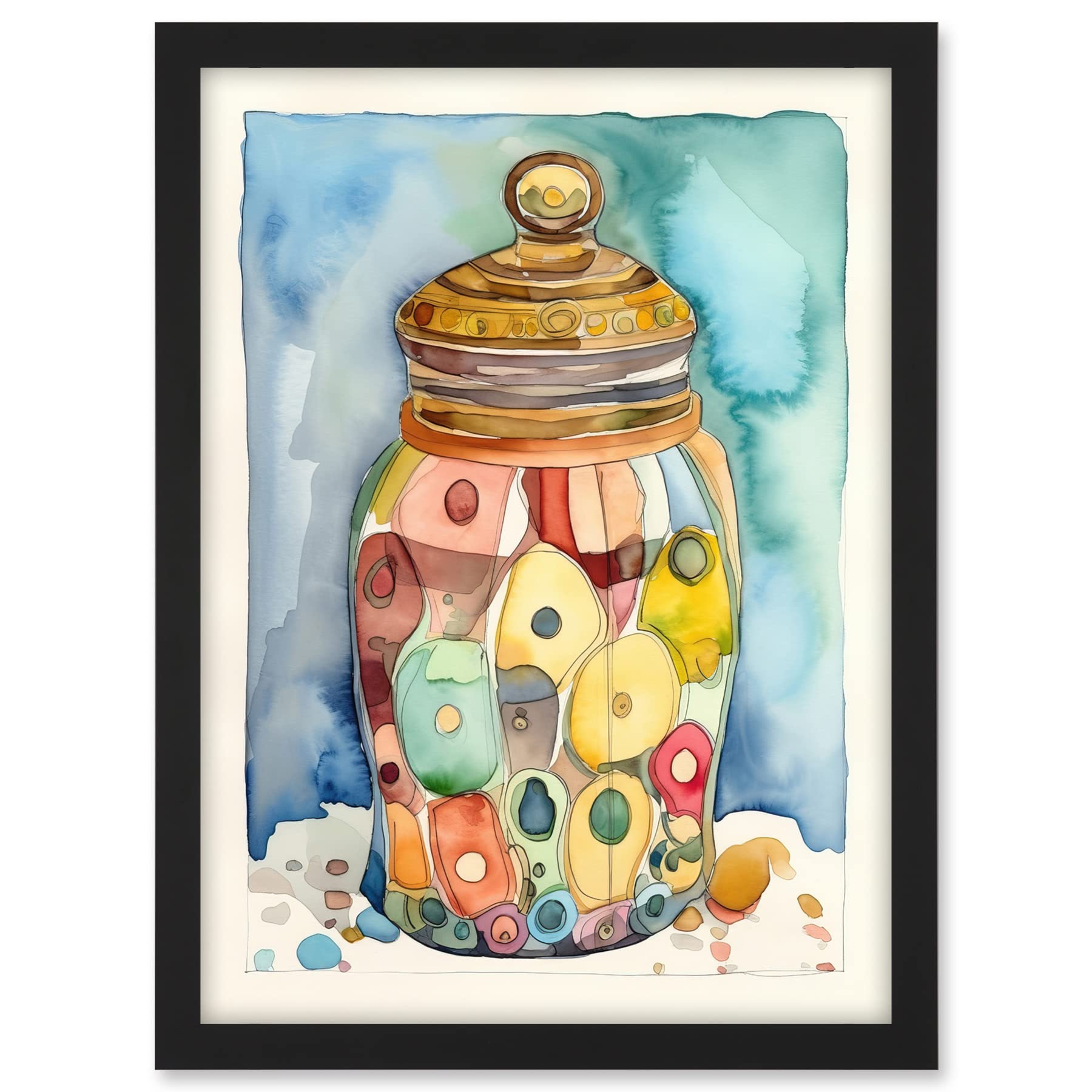 Artery8 Glass Cookie Jar With Sweets Folk Art Watercolour Painting Artwork Framed A3 Wall Art Print