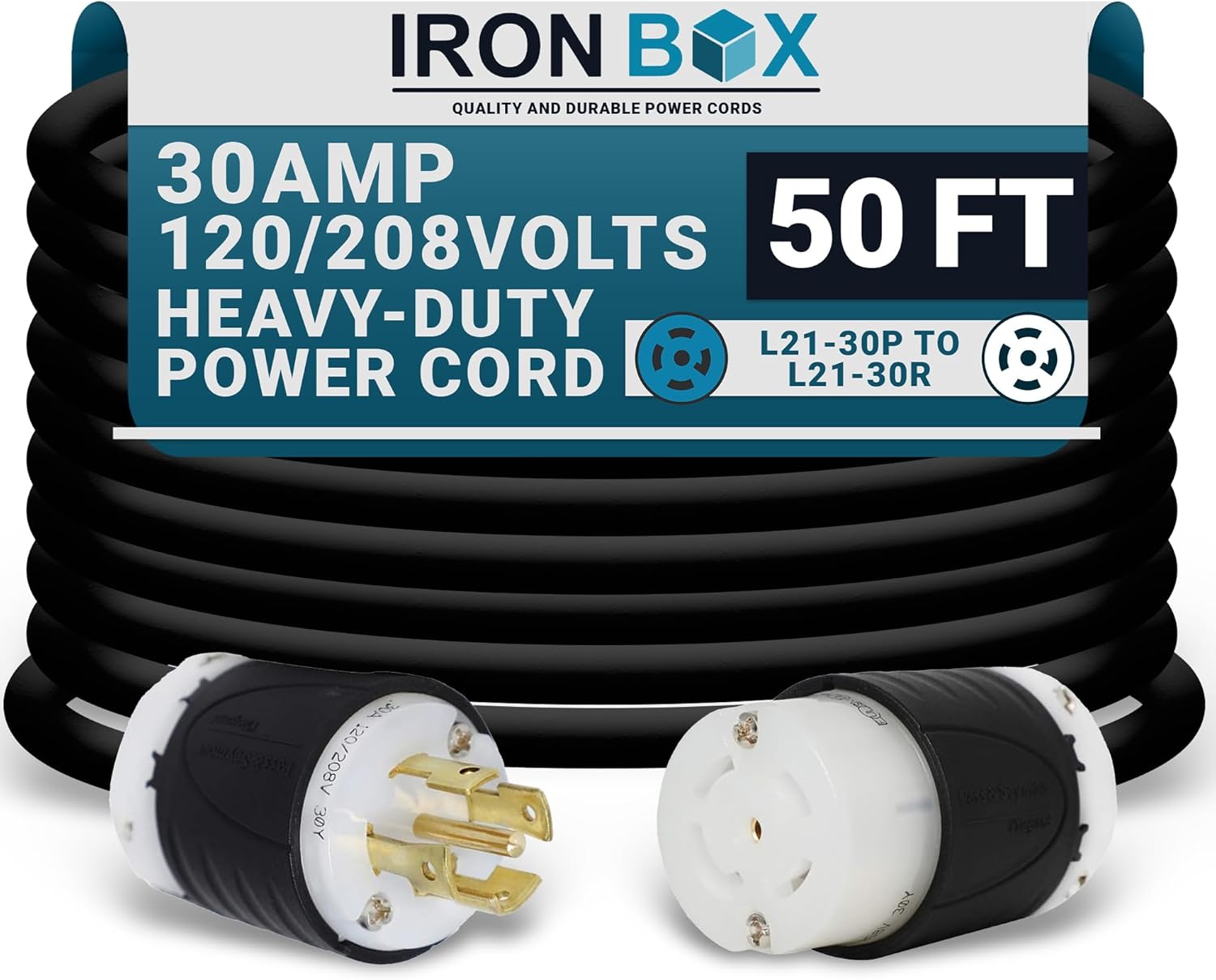 IronBox Electric - L21-30 Extension Cord - 8/5 SOOW Cable Jacket, 30A Rated, 120/208V (3-Phase) - Ideal for Transfer Switches, Data Centers, Industrial Settings, and High-Powered Applications(50 ft)
