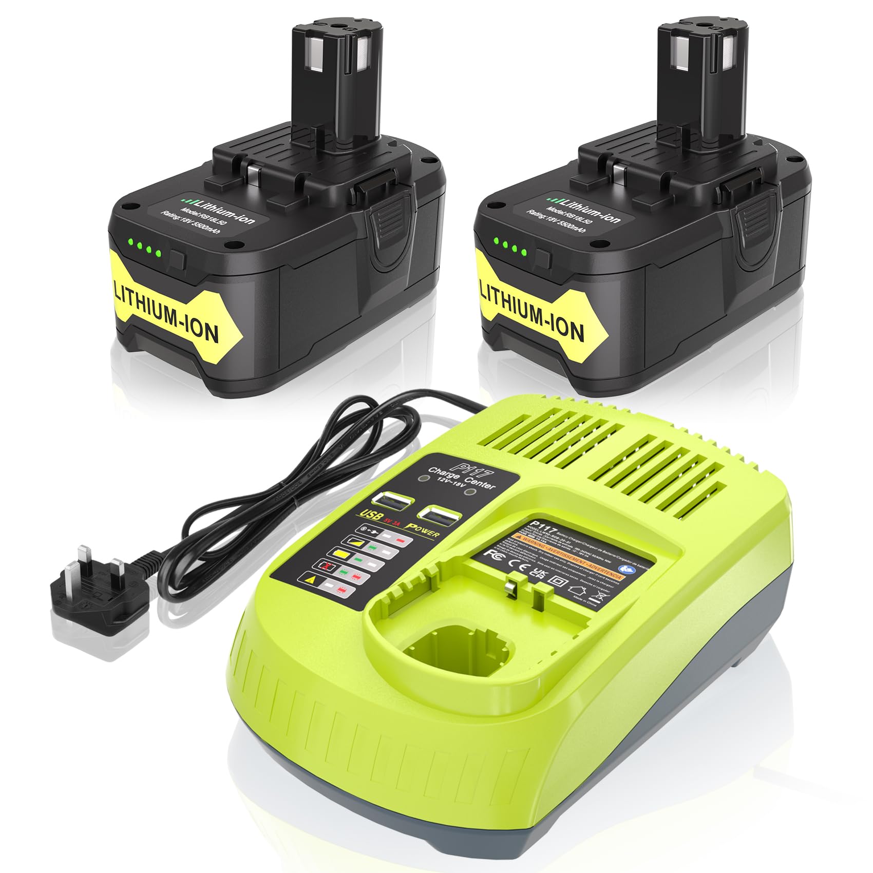 2PCS 18V 5.5Ah P108 Replacement Battery for Ryobi + P117 Charger BCL14181H, for Ryobi One+ Battery RB18L50 RB18L25 RB18L40 RB18L20 RB18L15 RB18L13 P104 P105 P106 P107 P108 (2 Batteries+Charger)