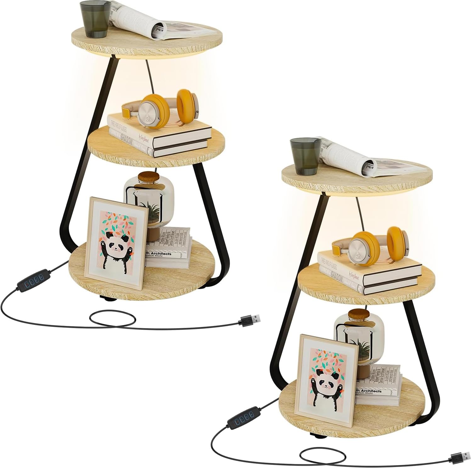 ARTETHYS Side Table Set of 2, Bedside Small Coffee Table with 3 Color LED Lights, End Table with 3 Tier Storage Shelves for Living Room Bedroom, Oak — image 1