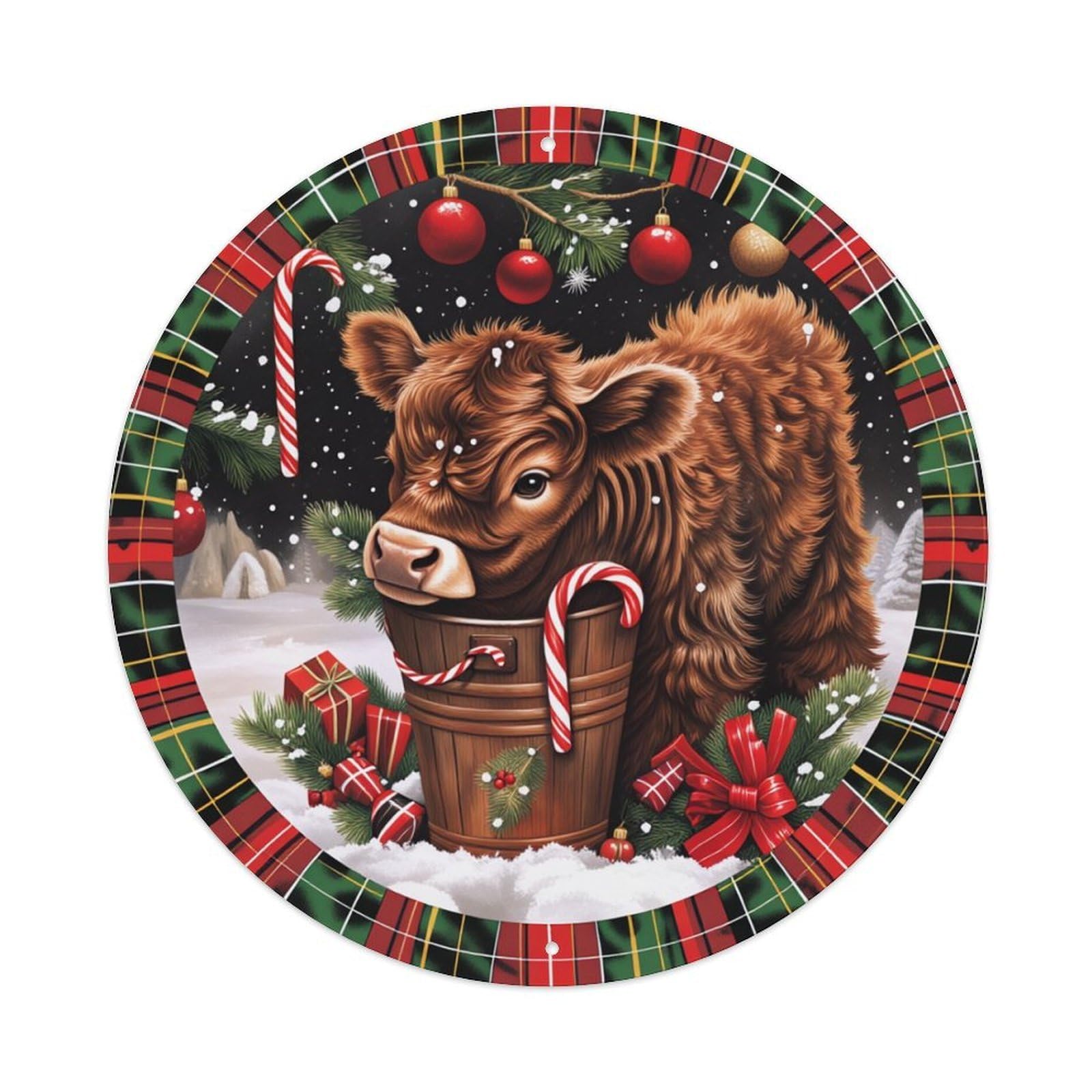 Christmas Cow In Bucket With Candy Canes Round Tin Sign Retro Metal Sign for Cafe Bar Pub Home Game Room Gym Club Wall Decoration Vintage Metal Poster 8x8 Inch