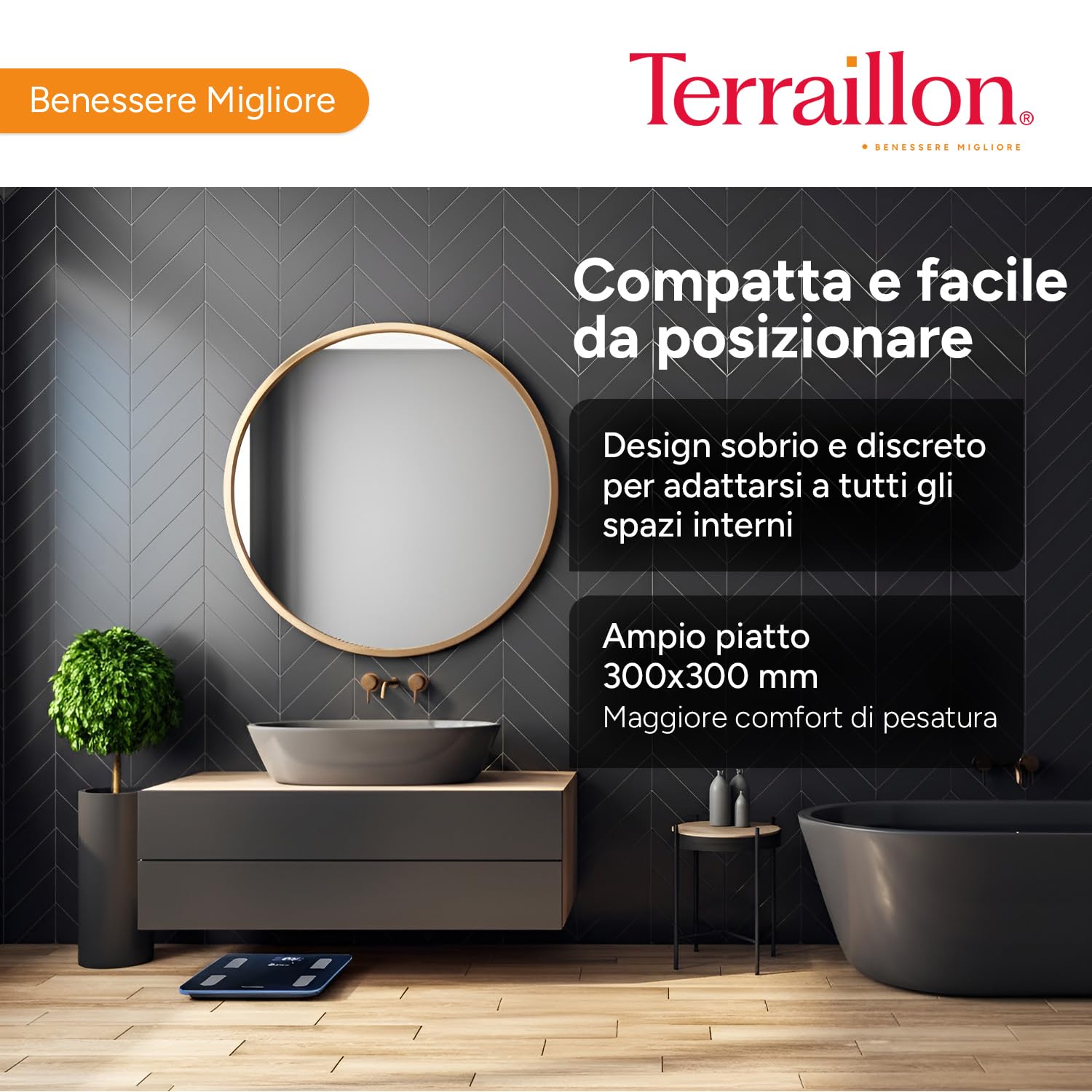 TERRAILLON - FIT COACH - Bilancia connessa WiFi, Impedenzometro, Analisi di massa grassa, muscolare, idrica, ossea e viscerale, IMC, schermo LCD, capacità 180 kg, vassoio in vetro, nero