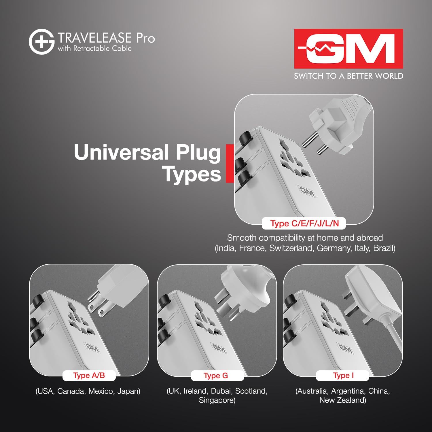 GM G+ 70W TravelEase Pro GaN International Travel Adapter, US, UK, EU, AU & 150+ Countries, 75cm Retractable Cable, 2 USB-A&USB-C Ports, Fast Charging Smartphones, Laptop, MacBook Air-M4, Tablet, DSLR 2