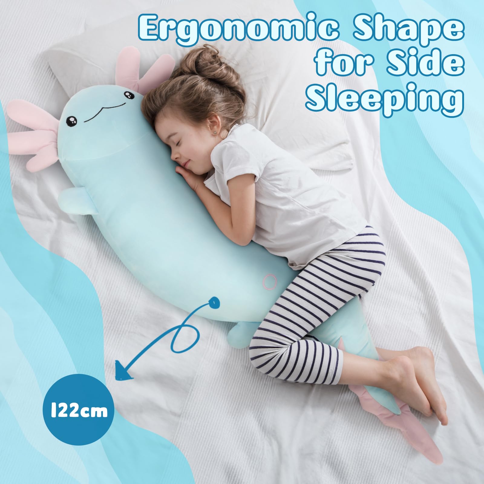 MorisMos 122cm lang Axolotl Kuscheltier XXL Kissen, Geburtstag Geschenk für Kinder Baby,blau rosa