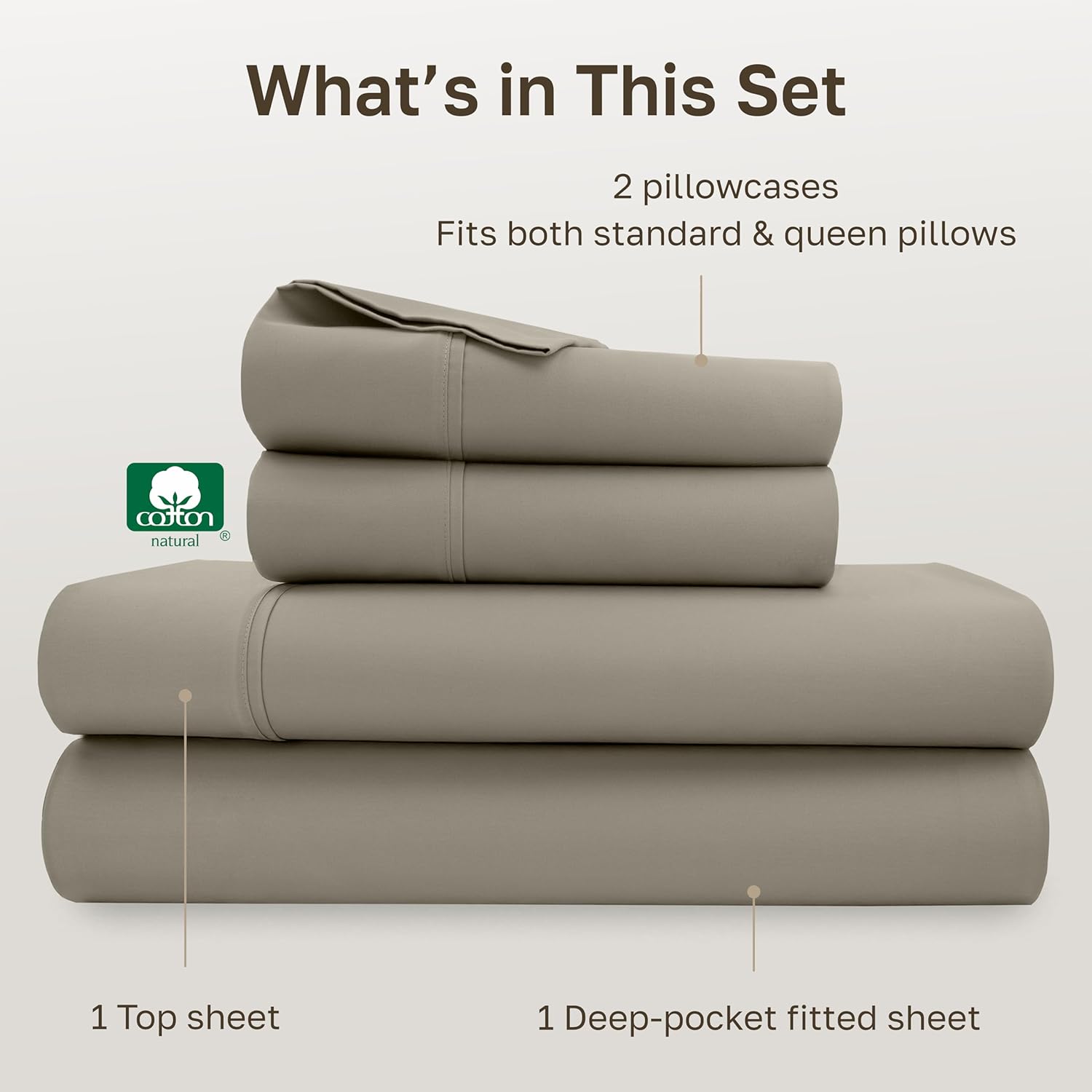 California Design Den Queen Sheet Set - Soft 400 Thread Count Sateen, Natural 100% Cotton Sheets for Queen Size Bed, Deep Pockets for a Snug Fit, Durable Bedding - Taupe - Image 3
