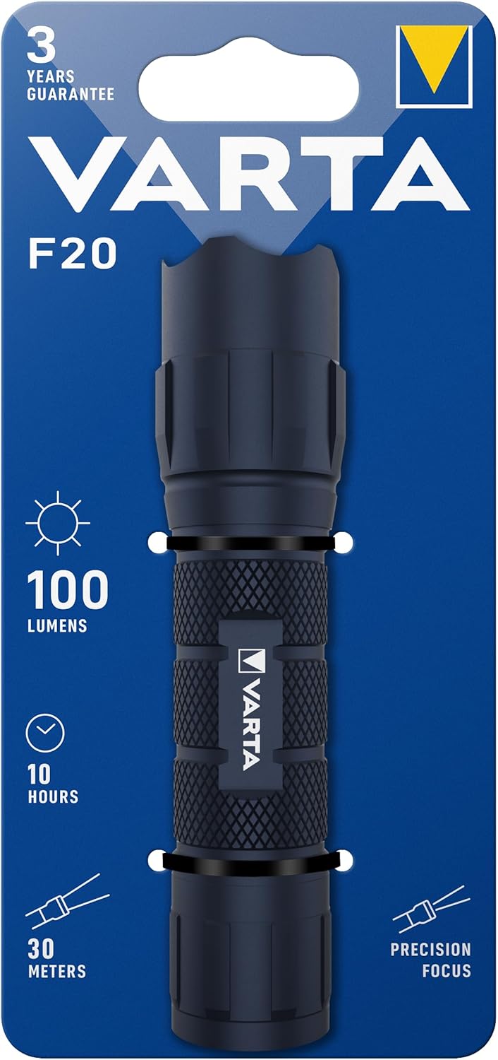 Varta F20 LED Torch (Aluminium Housing, Precision Focus, Small, Battery Operated) Blue for Everyday Use, Car, Household, Bag or Coat Bag