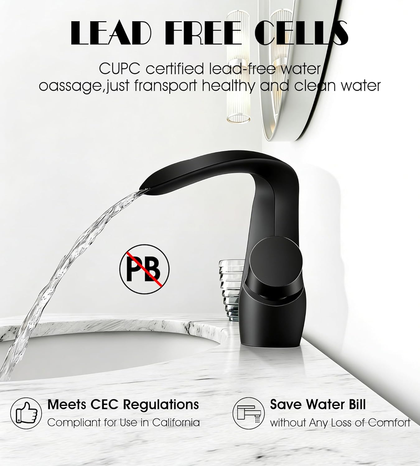 Elegant Alien Matte Black Bathroom Sink Faucet Single Hole,AUU Waterfall Black Vanity Sink Faucet Solid Brass,Single Handle Basin Tap with Pop Up Drian&Deck Plate