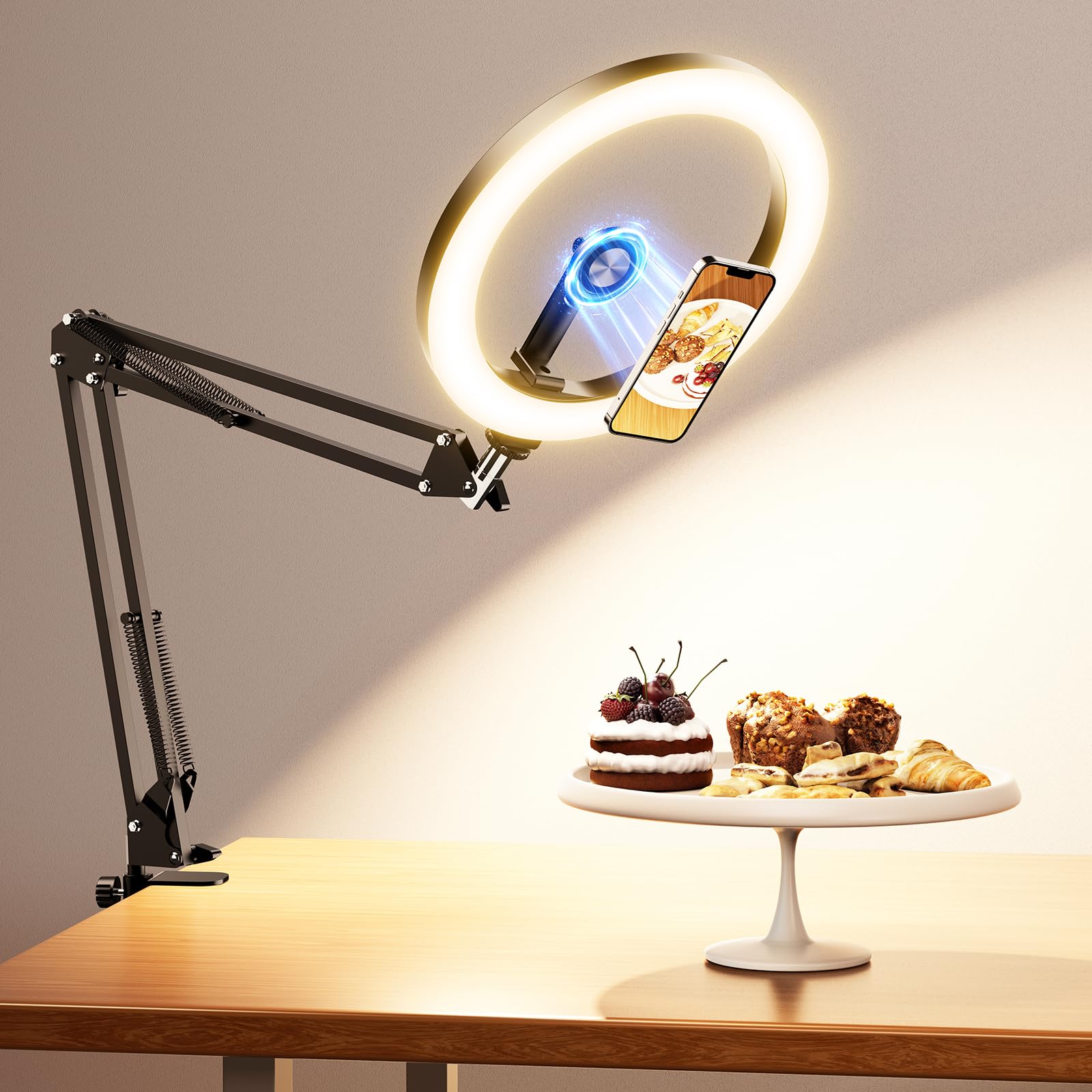 Evershop Supporto magnetico per cellulare con luce ad anello per cucina e alimenti – Luce ad anello con treppiede per tavolo