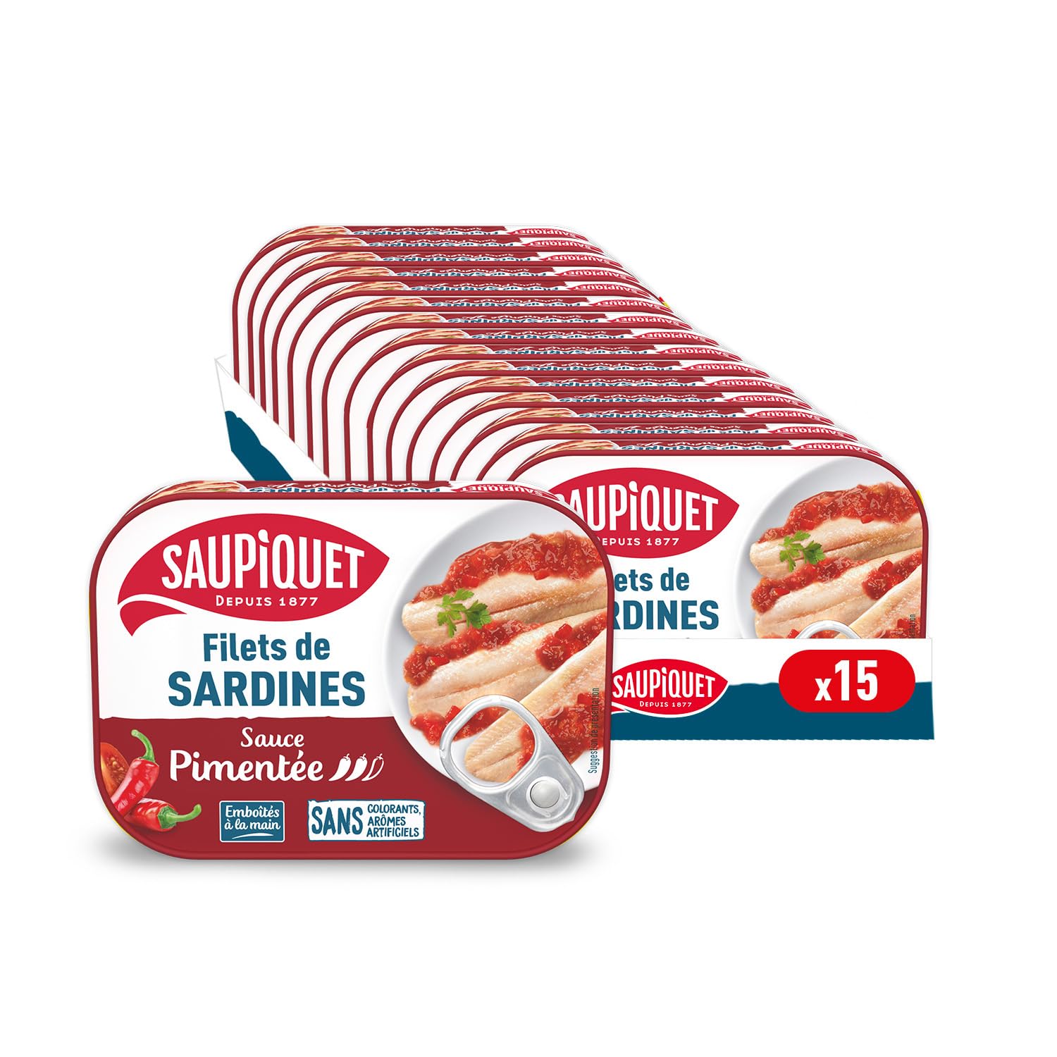 SAUPIQUET - Filets de Sardines Sauce Pimentée - Sans Arêtes - Sans conservateurs, colorants ni arômes artificiels - Issus d'une Pêche Traçabilité Garantie - 15 Conserves (100 g)