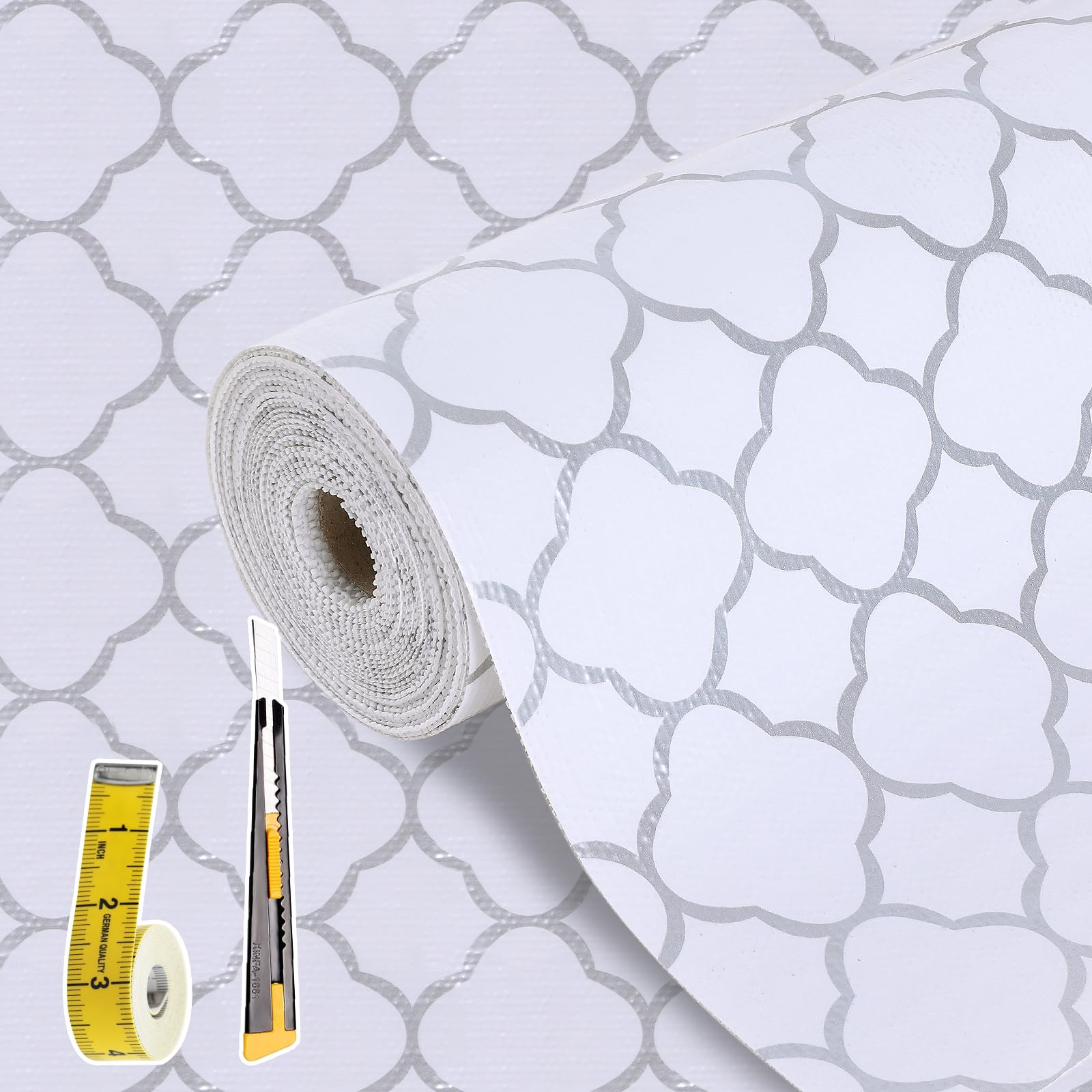 Shelf Drawer Liners for Kitchen Cabinets Non Adhesive Drawer Liner Thickened Refrigerator Liner Silver Quatrefoil Strong Non-Slip Paper for Tool Box