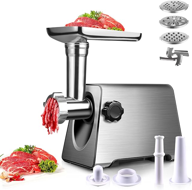 BenRich Meat Mincer Grinder, Electric Sausage Maker Stuffer Machine with 3-Size Metal Plates and Kibbe Attachement Max 2800W Stainless Steel Body for Home Use