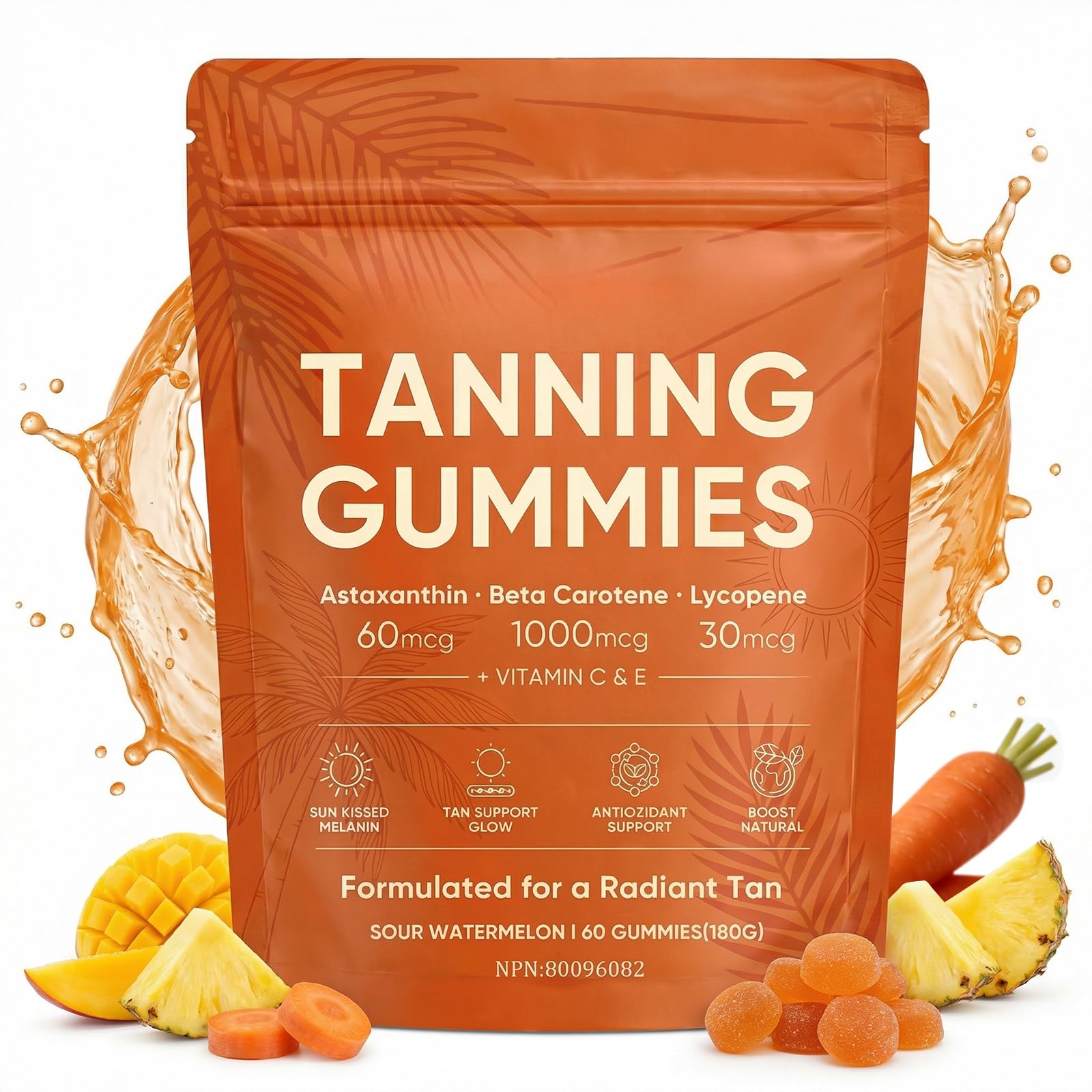 Tanning Gummies for Natural Glow – Skin Radiance Tanning Gummies with Vitamin C, E, Astaxanthin & Beta Carotene, Supports Melanin Production, Vegan, Sugar Free, 60 Count (1 PCS)