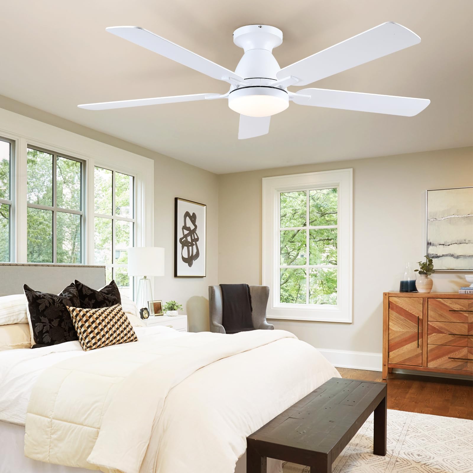 Kviflon Deckenventilator mit Beleuchtung und Fernbedienung Leise 132 cm, Deckenventilator mit Licht für Schlafzimmer Wohnzimmer, Dimmbar Niedrige Decken, DC Motor, 5 Holz Flügel, Weiß