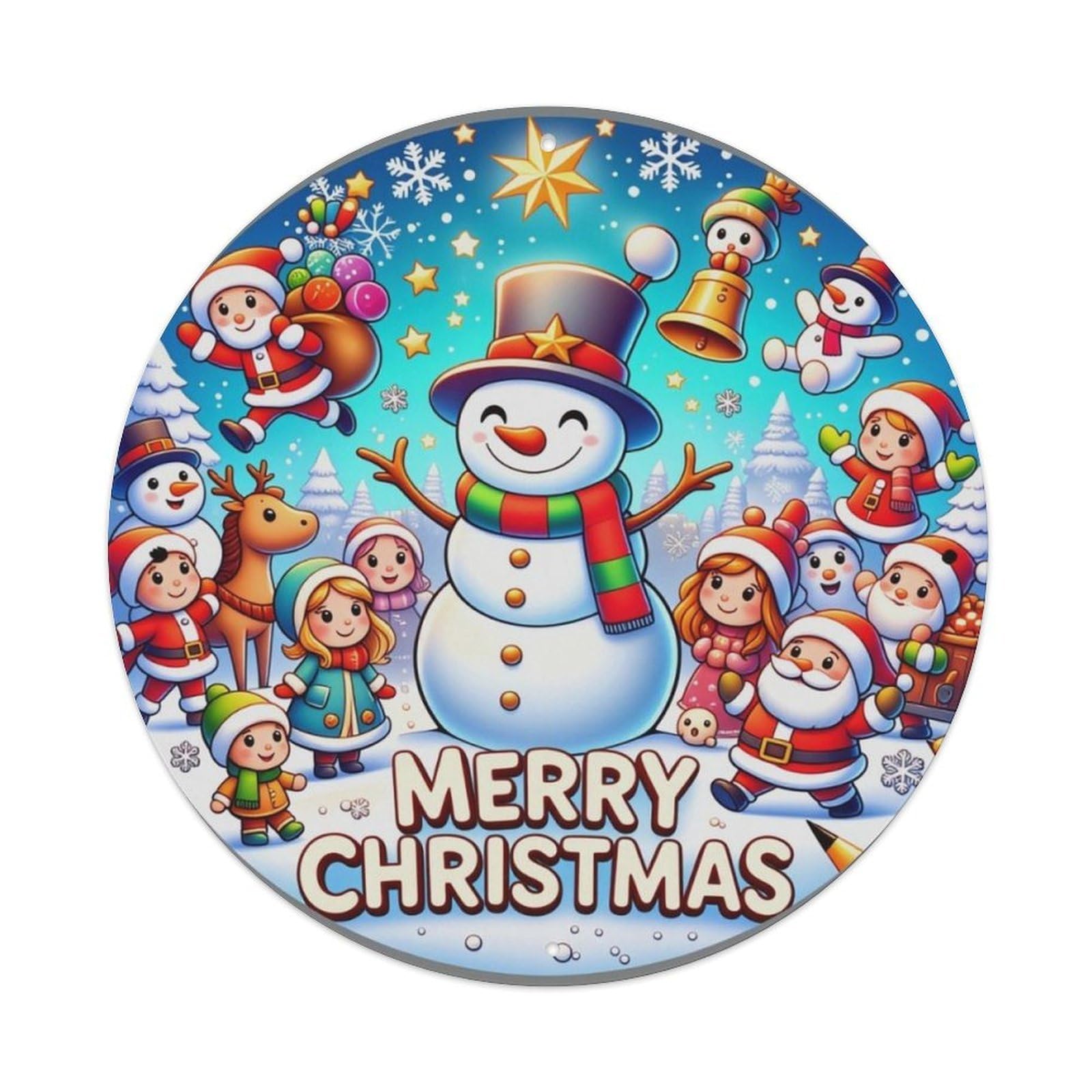 Cartoon Christmas Snowman Round Decor Sign Vintage Aluminium Metal Sign, Retro Wall Decor for Home, Bar, Garage & Farmhouse 20x20cm