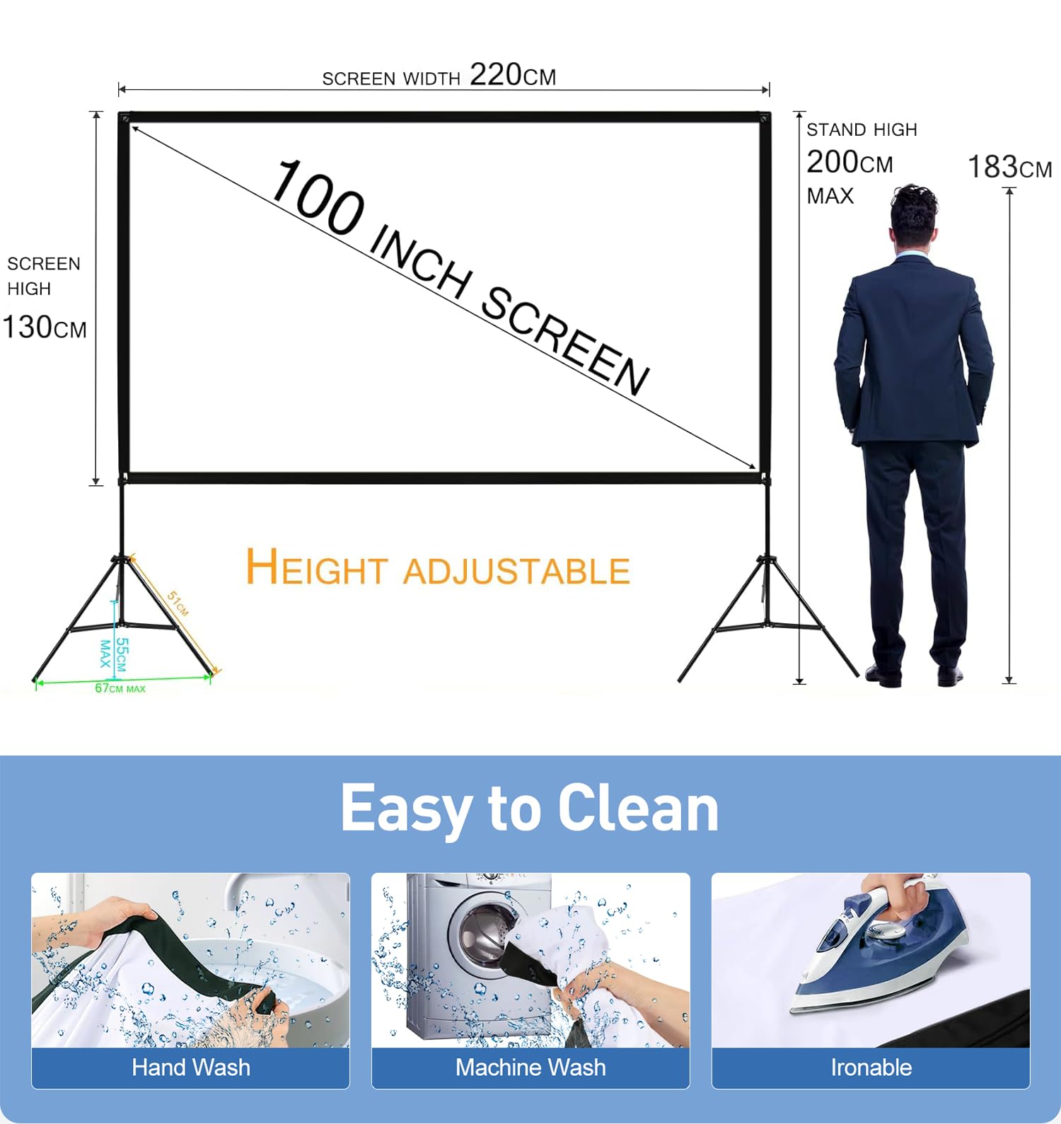 Visulapex ALR Projector Screen 177 x 100cm (80) Size 16:9, HD 4K 3D Home Cinema, Tripod Projector Screen Outdoor, PVC and Fiber Optic Screen, Height Adjustable and Easy Assembly