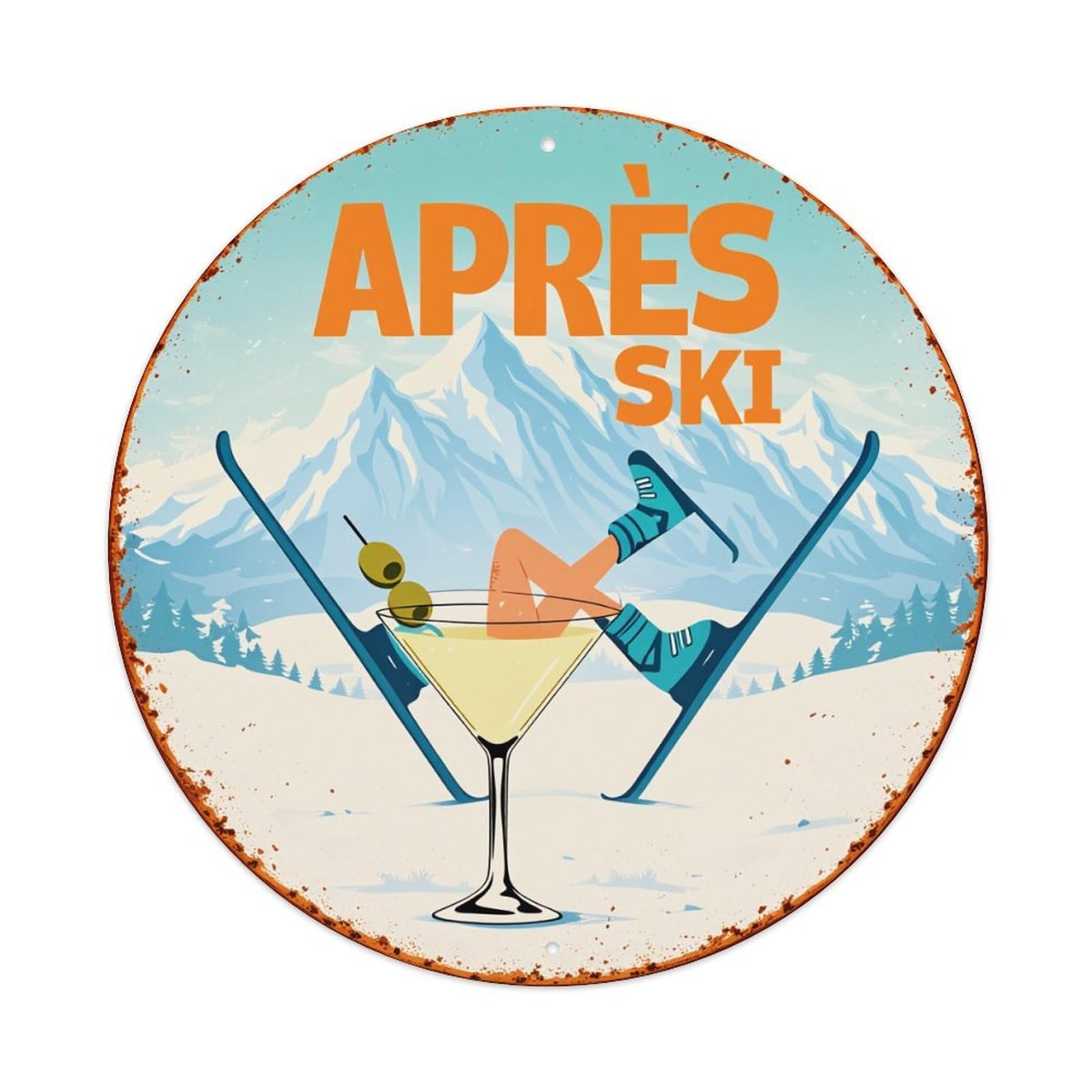 Apres Ski Cocktail Mountain Skis Round Tin Sign Vintage Metal Poster, Home Bar Garage Man Cave Cafe Indoor & Outdoor Wall Decoration 8x8Inches