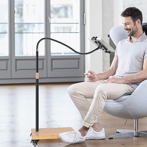 Miniatura 5 de wishacc Soporte de suelo para tablet con soporte de cuello de cisne ajustable, giratorios y ruedas para mesita de noche, compatible con iPad, Galaxy