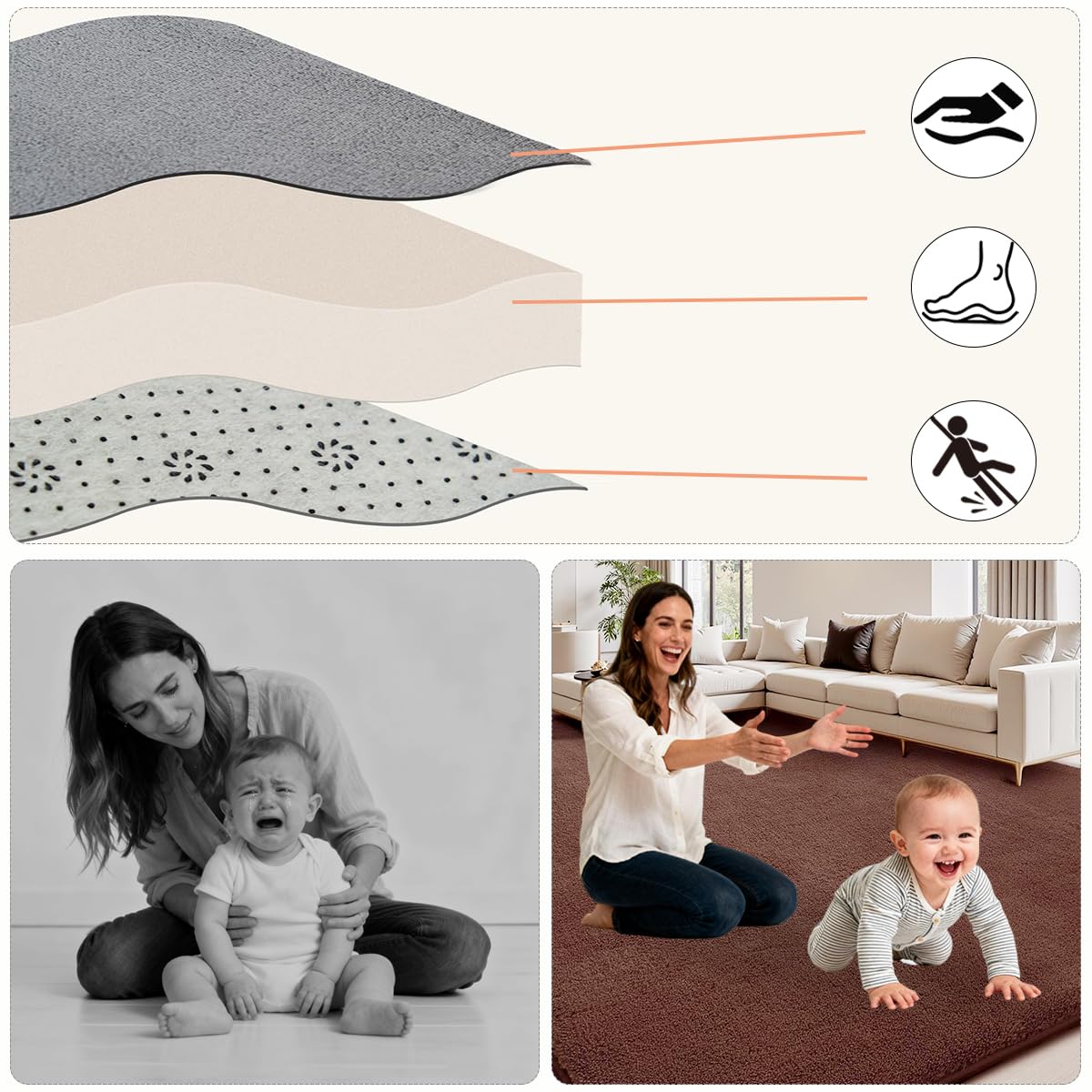 Tappeto Gioco Bambini Acolchado 3 cm Extra Spesso, Antiscivolo, Ideale per Pavimenti e Box Neonato, Palestra Neonati, Tappeto Tummy Time Neonati, Regalo Neonato Marrone caffè 130 x 190 cm
