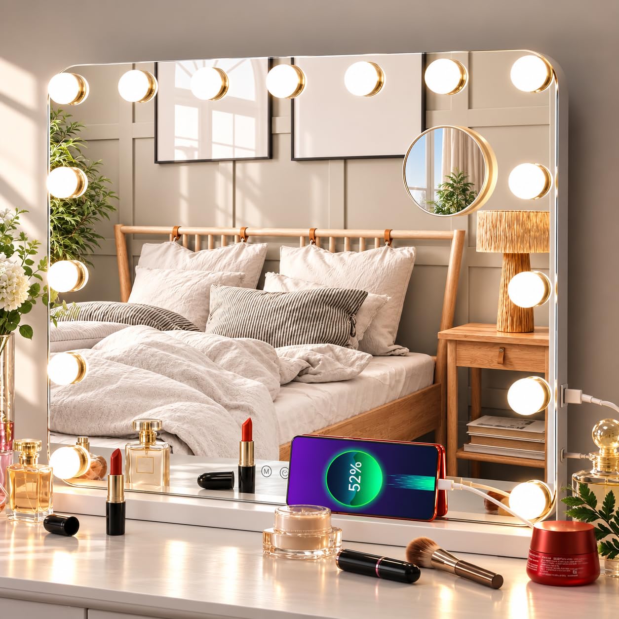Mamizo Espejo Hollywood 58x46cm, Espejo de Maquillaje con Iluminación, 15LED, 3 Colores de Luz, Brillo Regulable, con USB y Lupa Extraíble