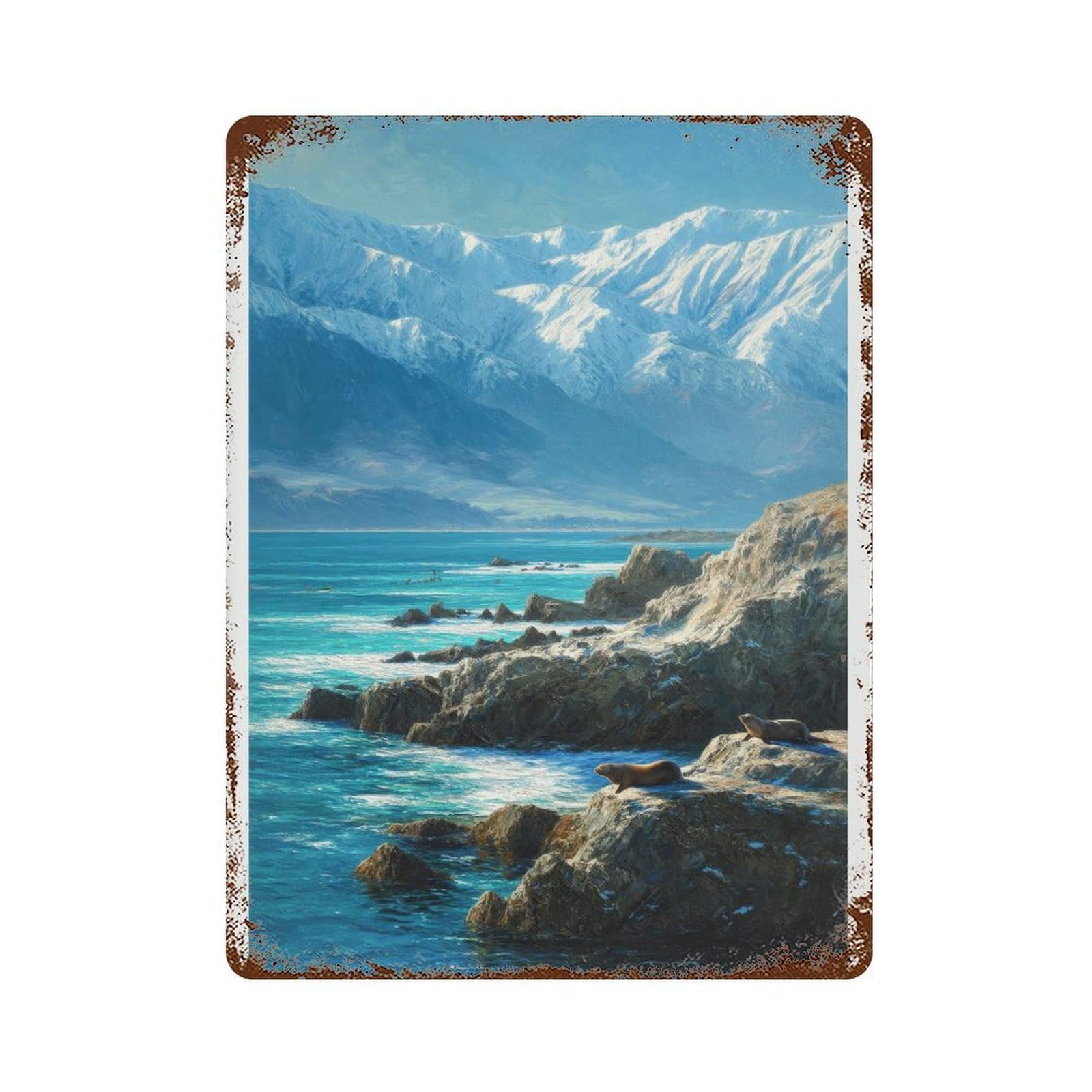 xiaoxiaoshen Kaikoura New Zealand Watercolor Coastal Mountains Ocean Wildlife (2) Wall Decor Art Metal Tin Poster Modern Home Decor Art Home Bar Shop Decorations Vintage Sign 40x30cm