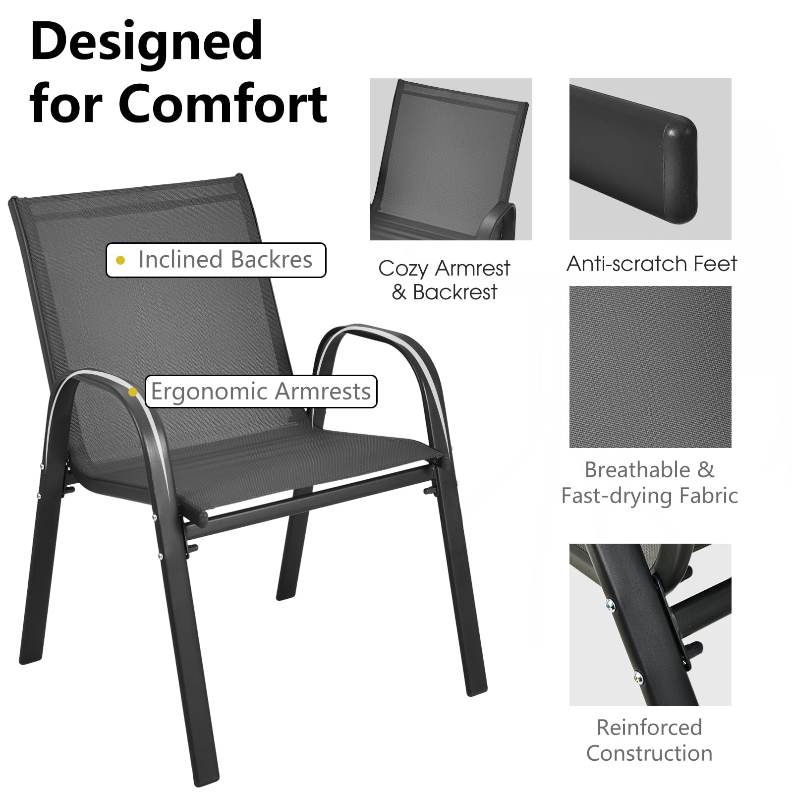 KOMFOTTEU Set da Bistrò in Tessuto Textilene, Set da Giardino in 3 Pezzi, Tavolo Rotondo in Vetro Portato 50 kg, Sedie Portate 150 kg, Set Tavolo e Sedie da Esterno, Patio, Cortile, Veranda (Nero)