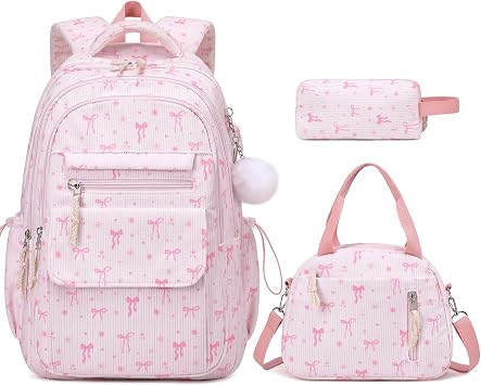 Bevalsa Backpack for Girls, 3PCS Corduroy Kids Backpack Set with Lunch Box & Pencil Pouch, Bookbag Daypack Laptop Bag for Women Teens Elementary Middle High School