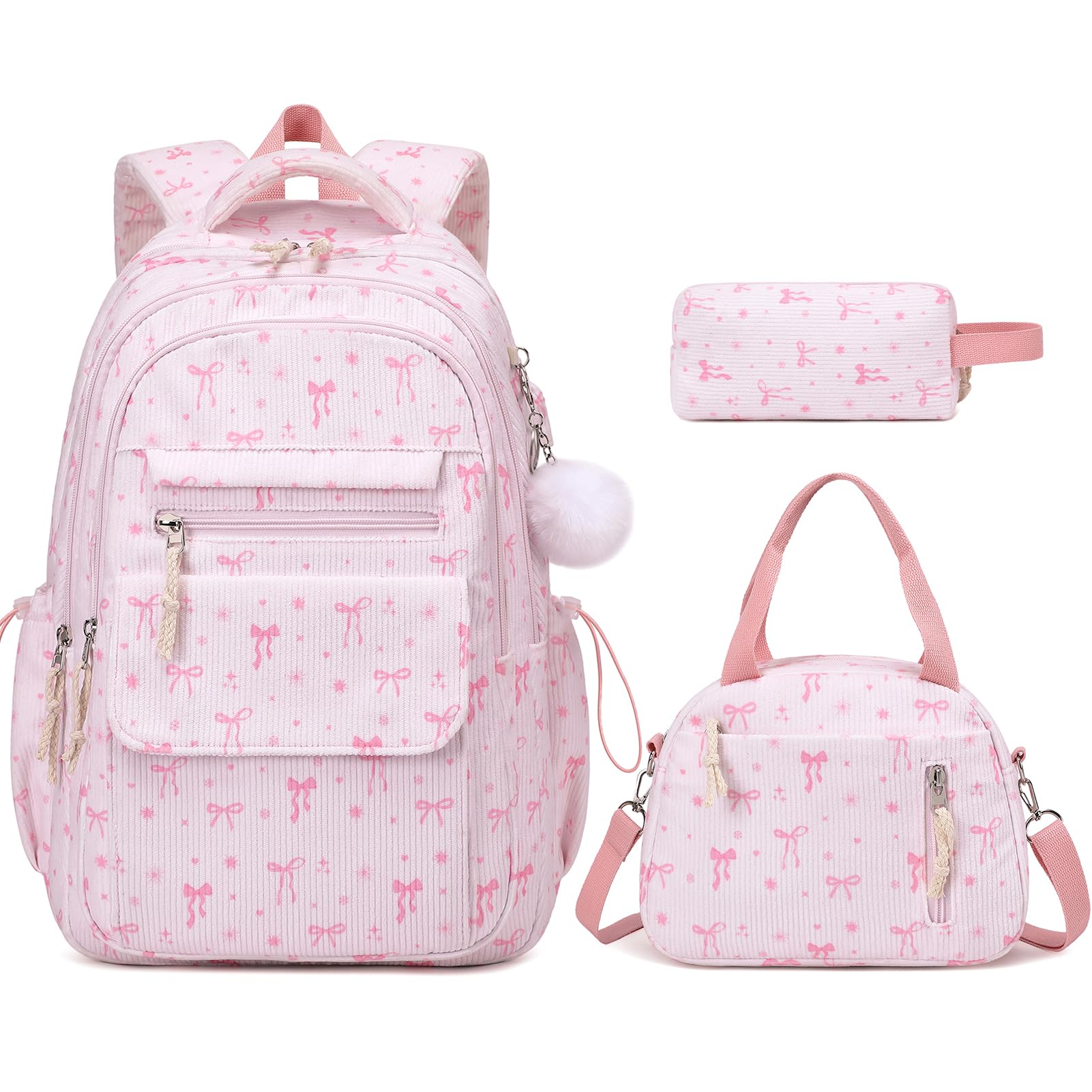 View 1 of [HEAVILY USED] Bevalsa Backpack Set for Girls - 3PC Corduroy Backpack with Lunch & Pencil Case