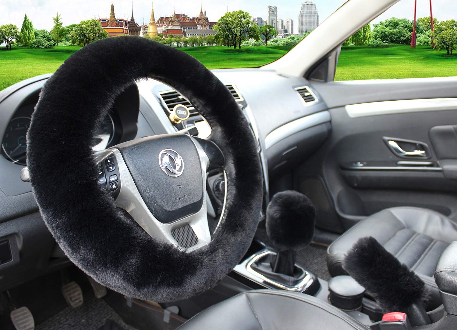 Pinbola 5pcs in 1 Set Faux Wool Steering Wheel Cover Soft Fluffy Handbrake Cover & Gear Shift Cover & 2pcs Seat Belt Shoulder Pads Warm Universal Fit for 15 Inch (Black)