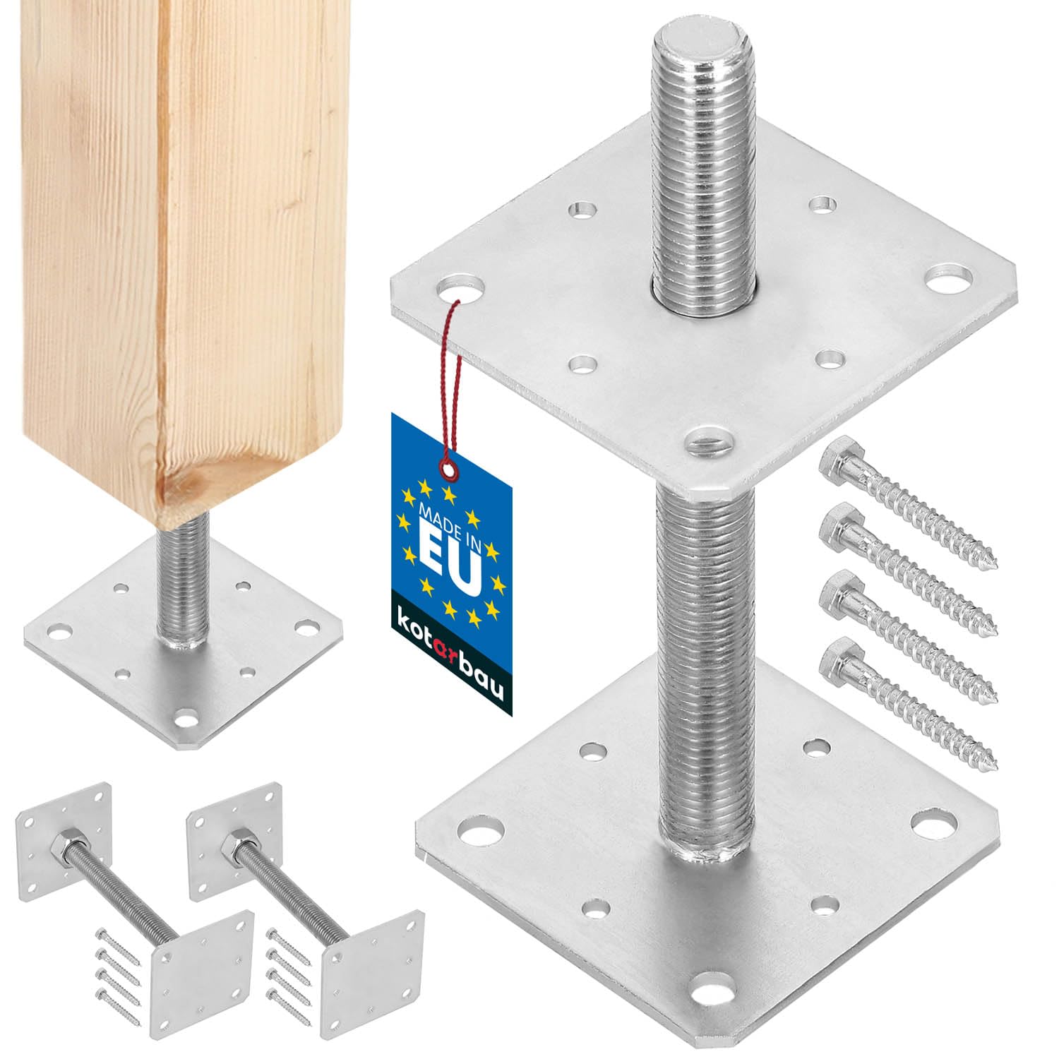 KOTARBAU® 2 pz. Fissaggio Pali Legno - Supporti Regolabili Pavimento - 110 x 110 x 250 mm - M24 - Supporto per Pali in Legno - Acciaio Zincato - Argento - Supporto Palo lLgno - Montaggio Facile