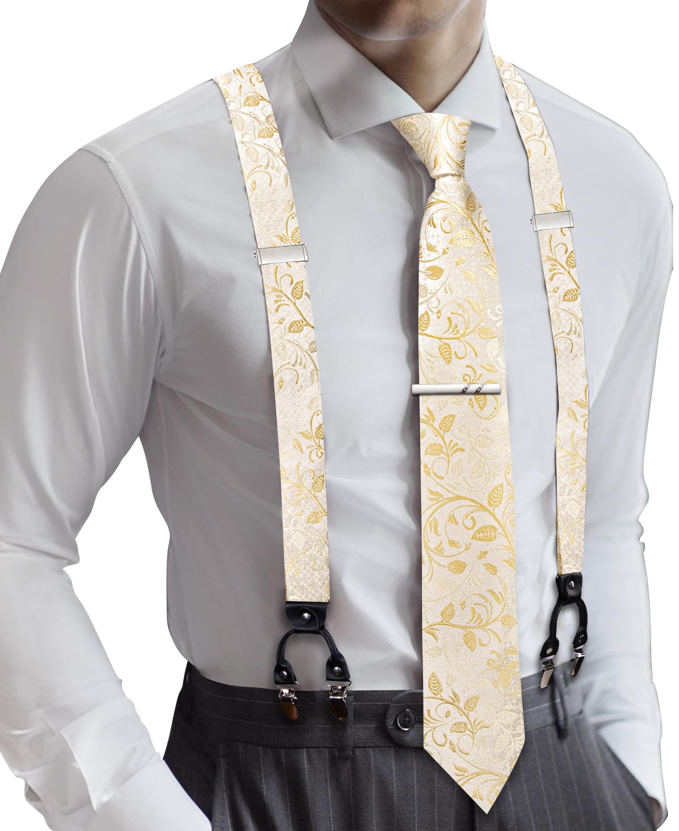 Barry.Wang Men Suspender Tie Sets Elastic Heavy 6 Clips Hanky Cufflink 5PCS | Classic Suspender Set for Man Necktie Y Type Adjustable Heavy Duty 6 Clips Braces Pocket Square Cufflinks Party